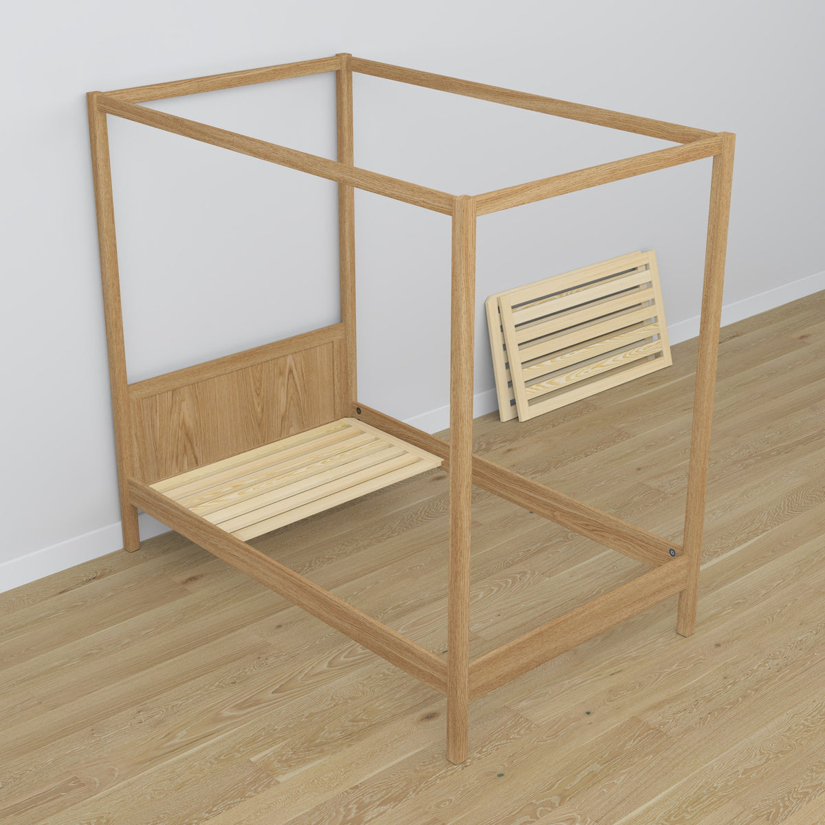 Lit chêne naturel avec baldaquin dans la chambre d'enfant – décoration scandinave