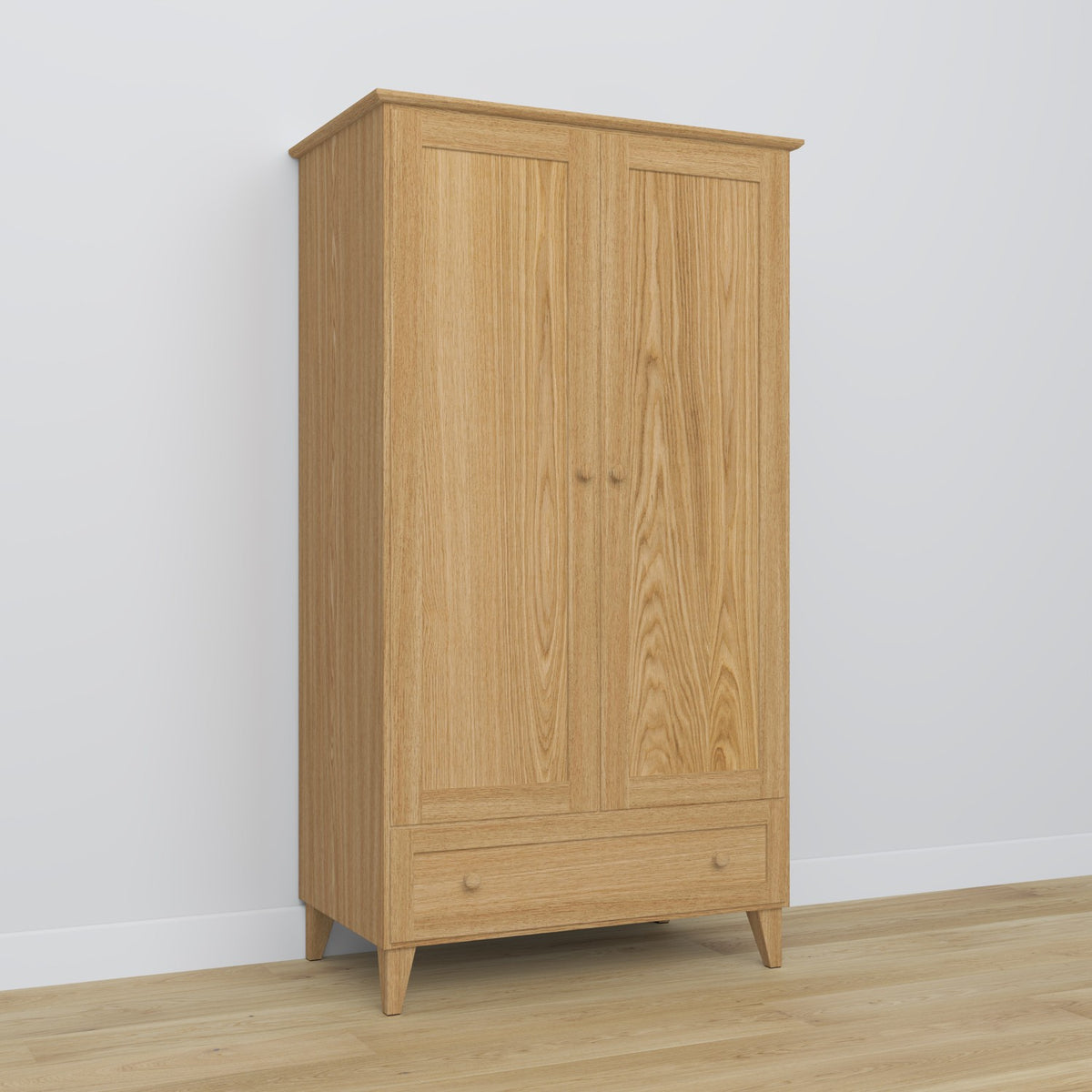 Armoire 2D1S en chêne chêne naturel – portes ouvertes, tringle et étagères intérieures