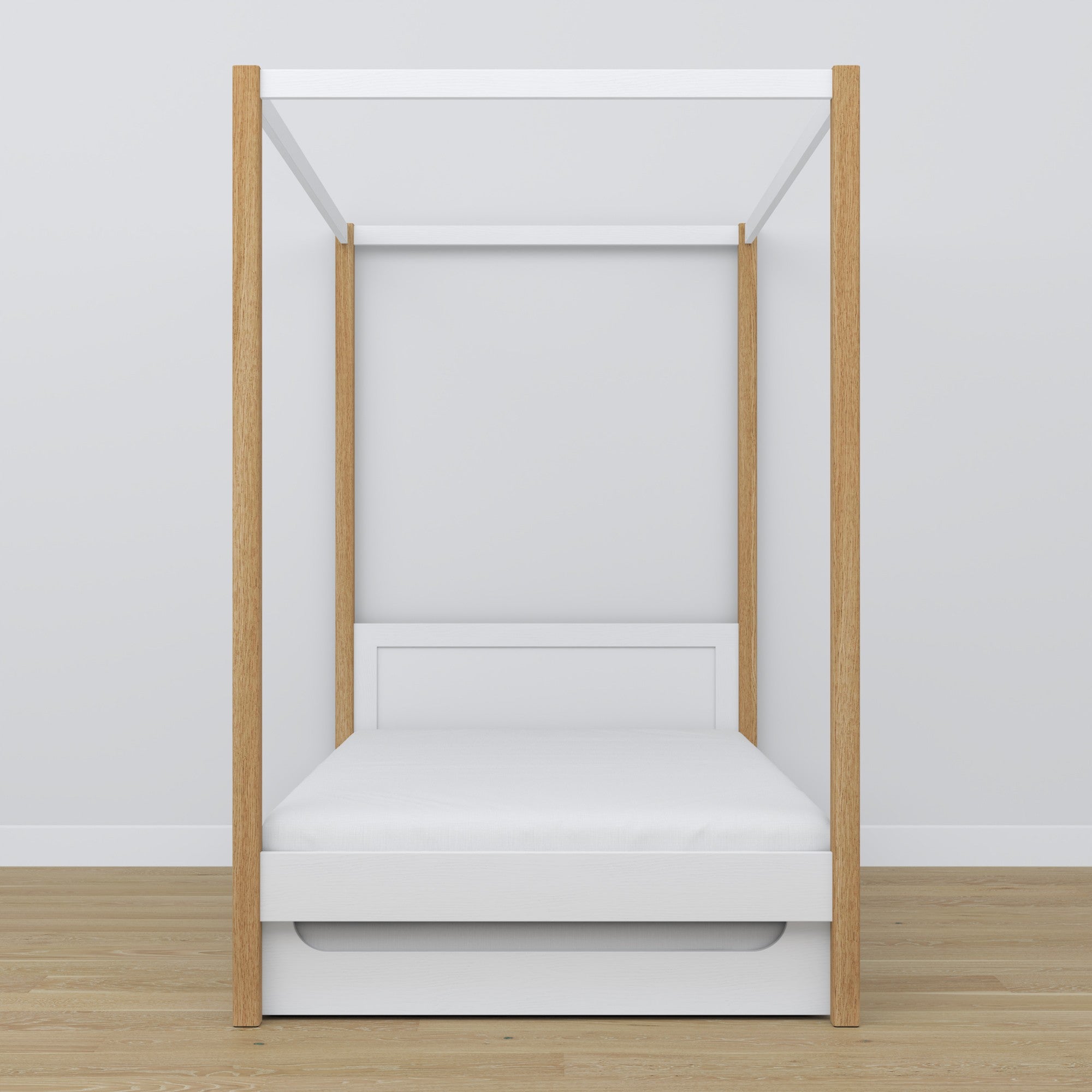 Bed white/oak canopy bed with drawer – side view, wooden, Nizio