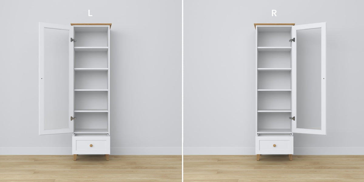 Vitrine 1S 57 Weiß mit Eiche – Scharniere der Glastüren, Holzoberfläche, Nahaufnahme