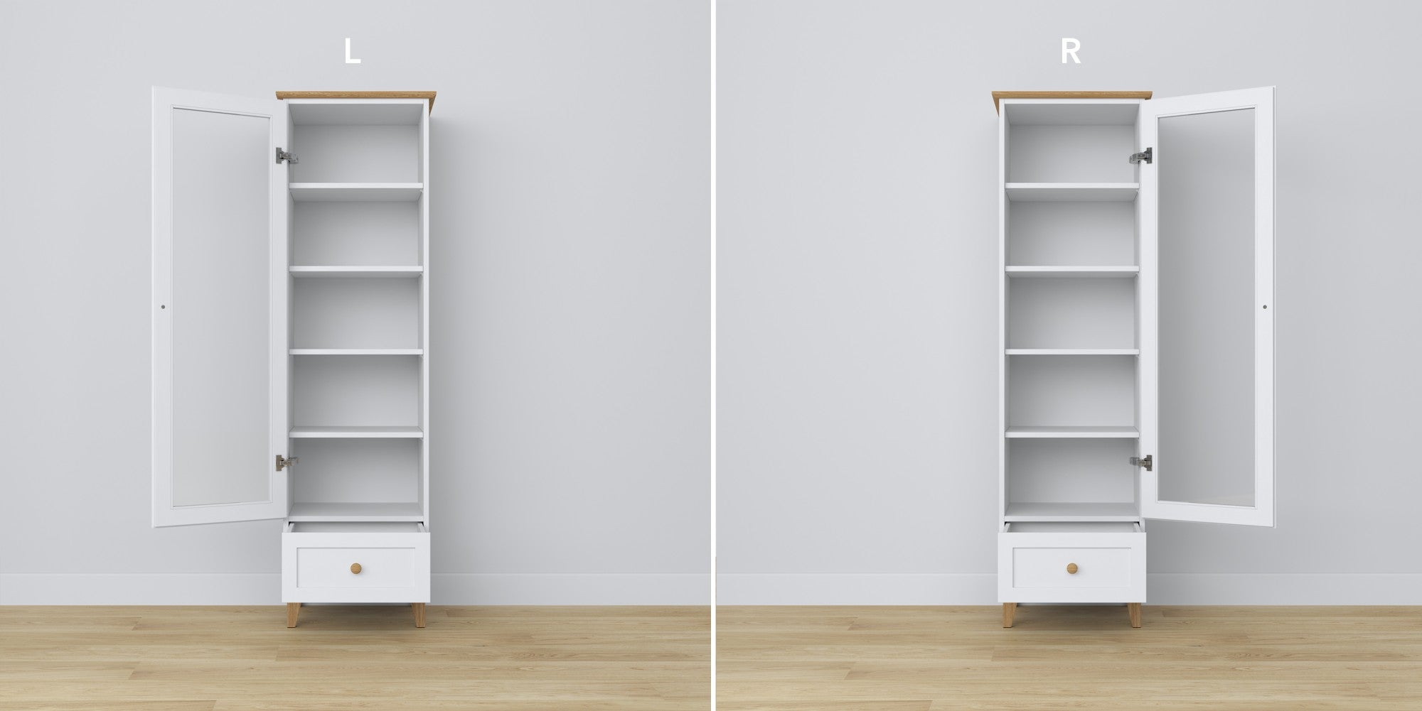 Vitrine 1S 57 Weiß mit Eiche – Scharniere der Glastüren, Holzoberfläche, Nahaufnahme