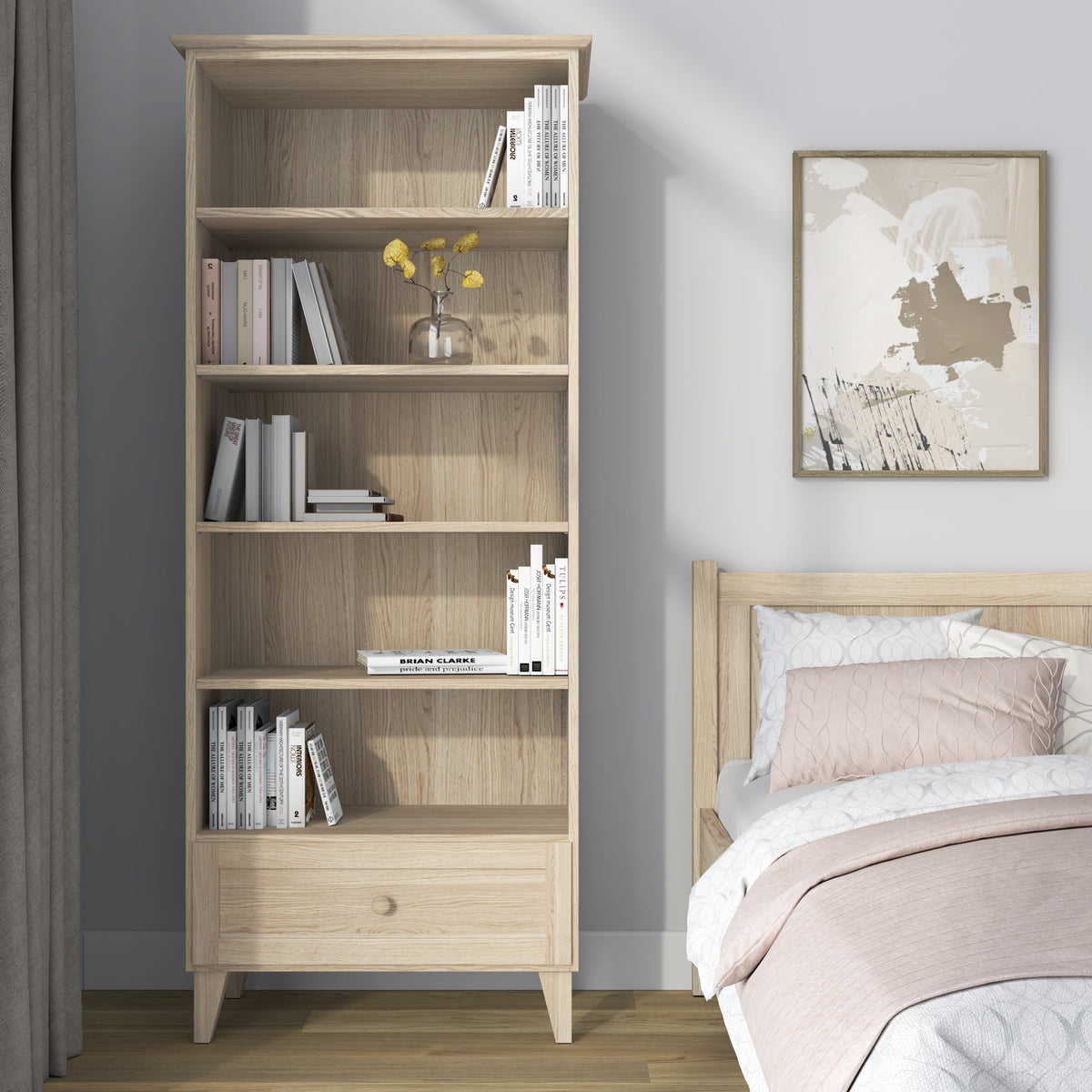 Bookcase 1S oak bleached oak – open drawer, storage for small items
