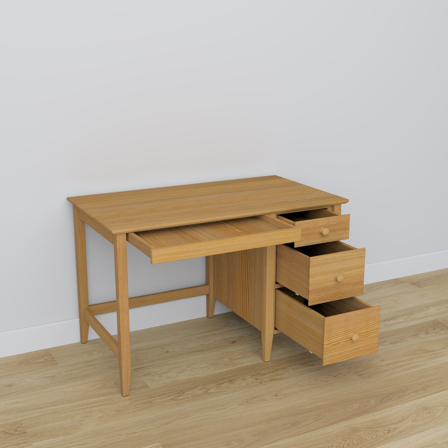 Bureau 3S en pin pin naturel – tiroirs ouverts, rangements pour documents