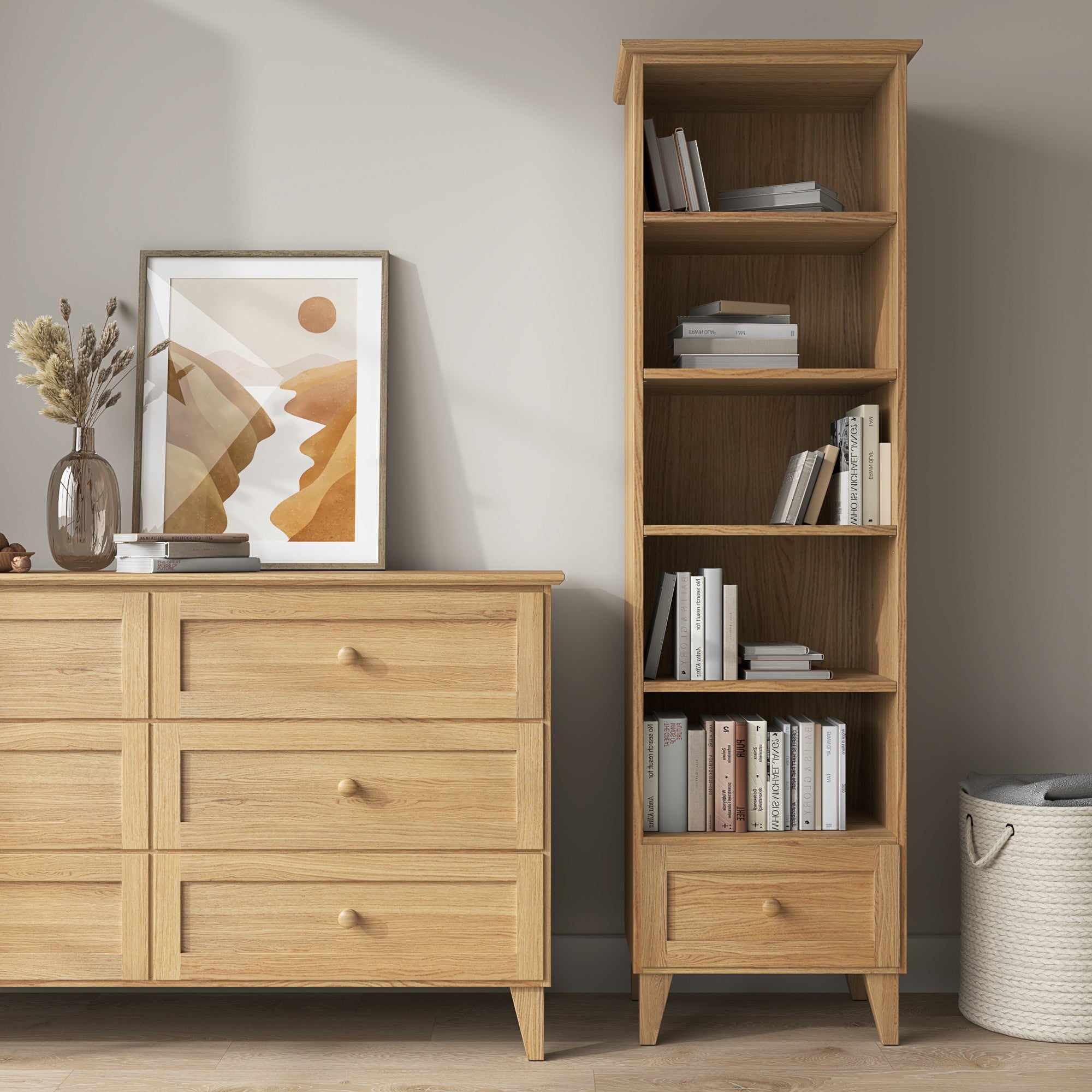 Bookcase 1S oak natural oak – open drawer, storage for small items