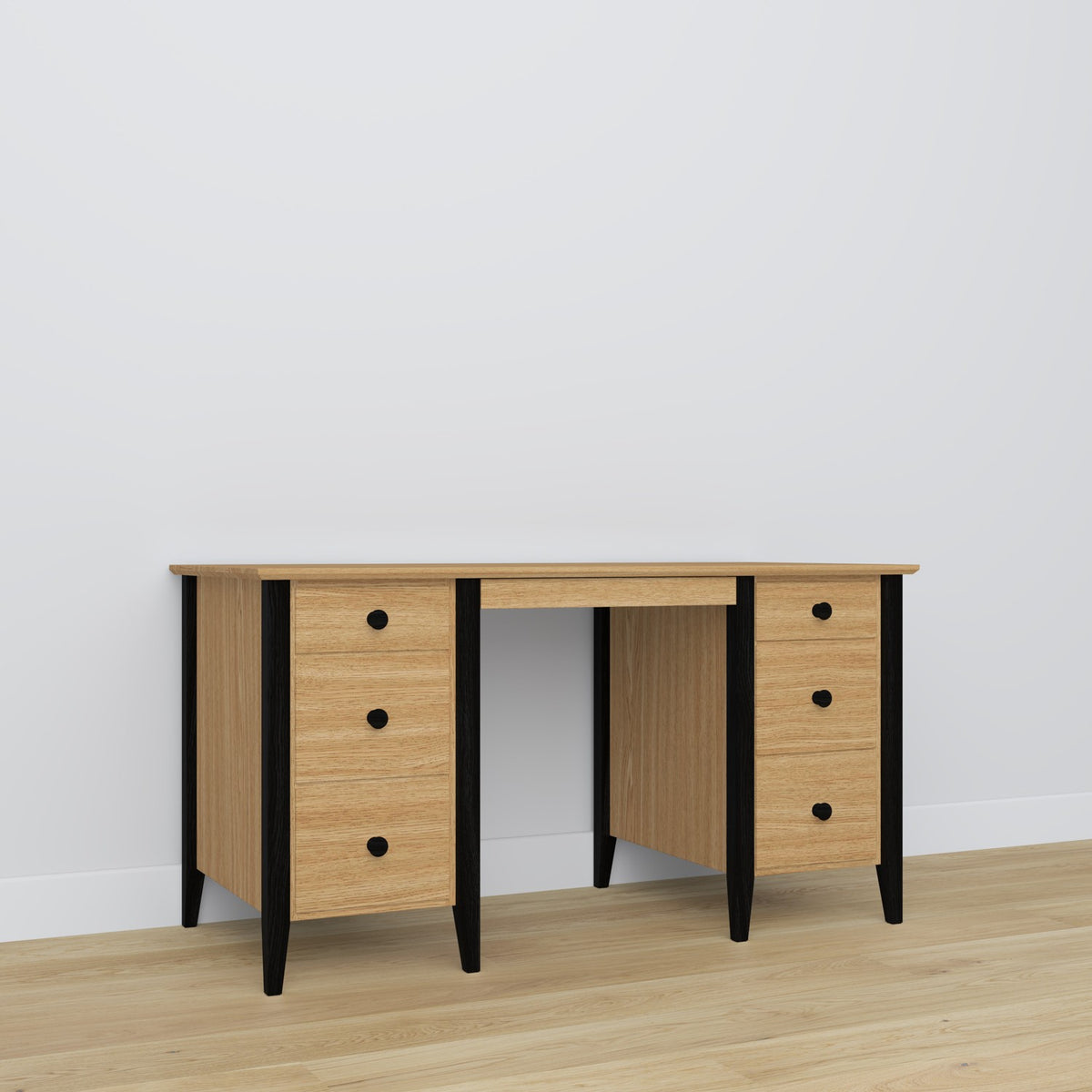 Bureau 6S chêne naturel avec noir – en chêne, plateau large, vue frontale, Nizio