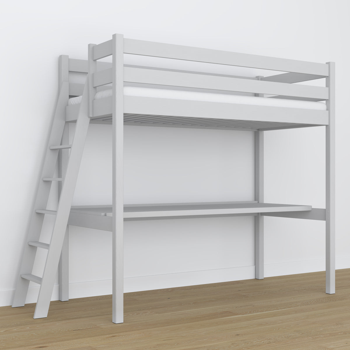 Hochbett mit Schreibtisch aus Holz grau – Leiter und Schutzgeländer