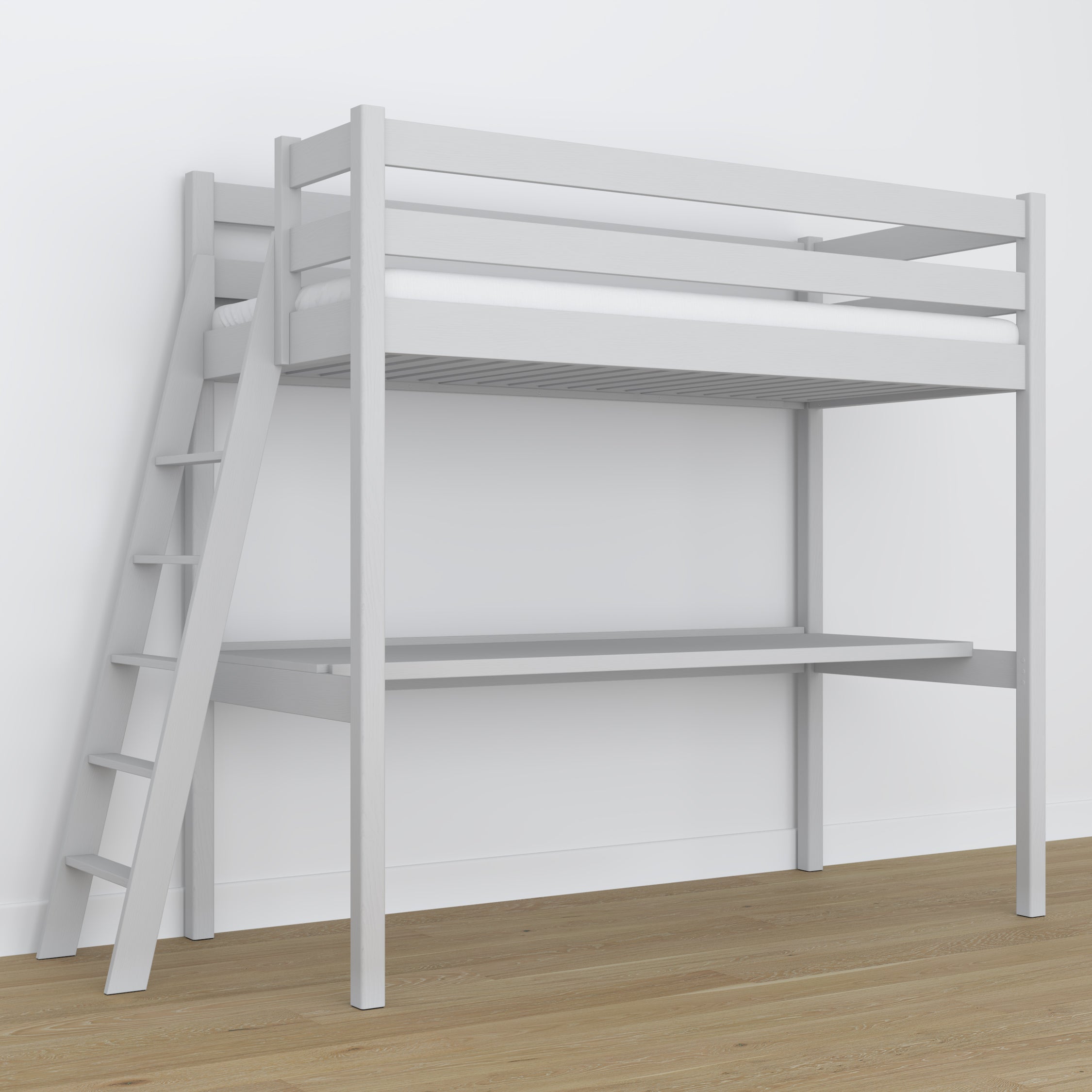 Hochbett mit Schreibtisch aus Holz grau – Leiter und Schutzgeländer