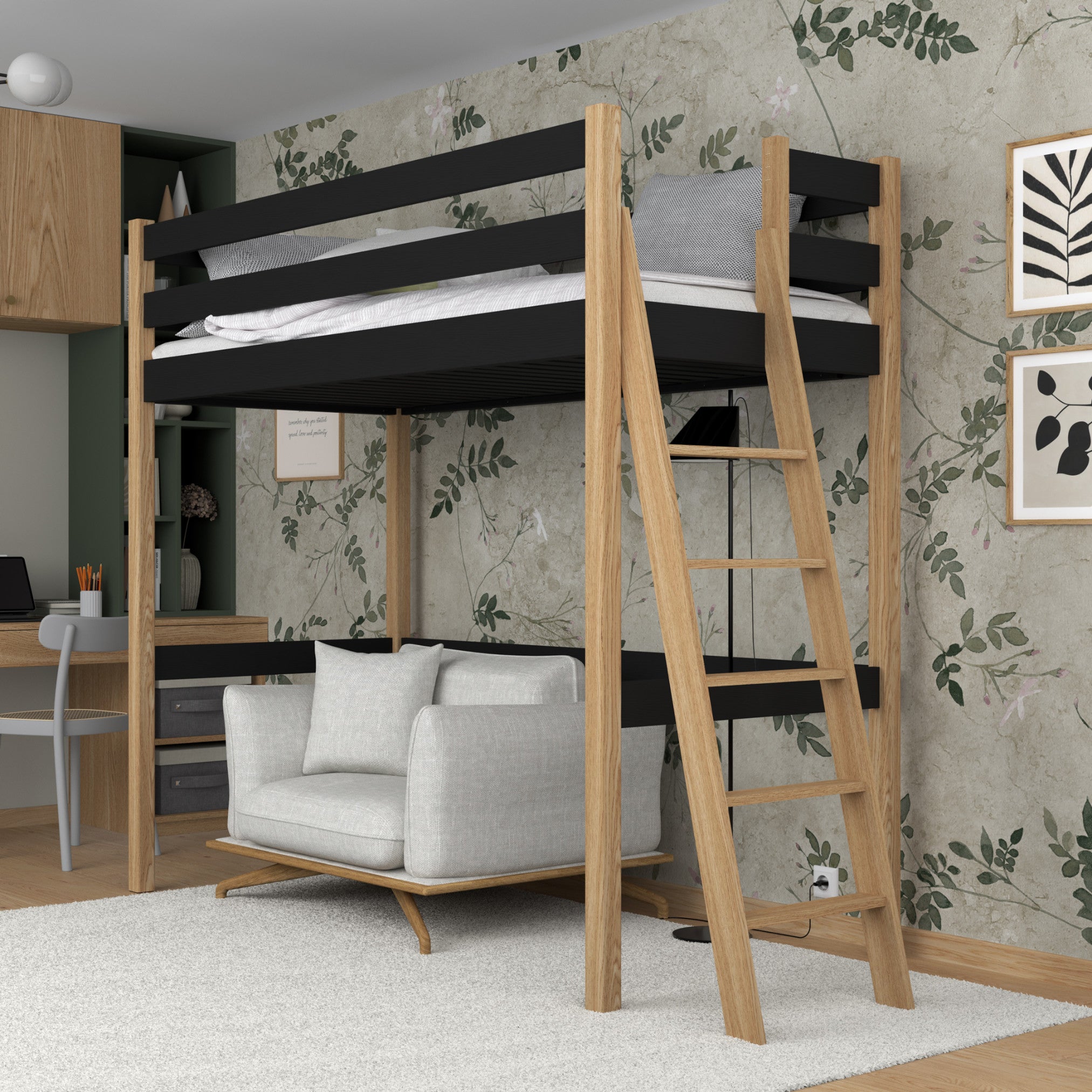 Hochbett aus Holz schwarz-eiche – freier Raum unter dem Schlafbereich, Nizio