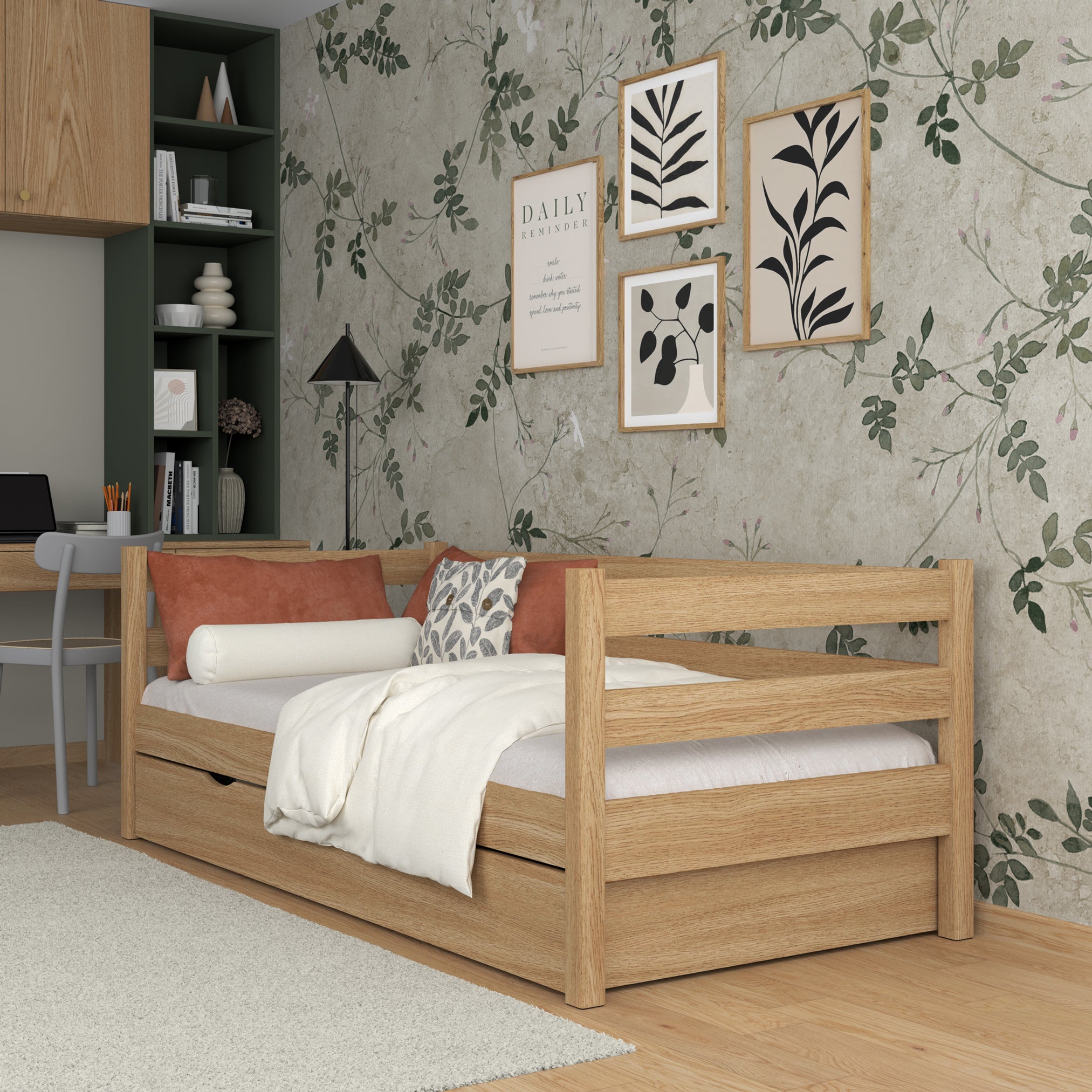 Sofa-Bett Natureiche – seitliche Schutzbarriere Eiche, Seitenansicht, Nizio