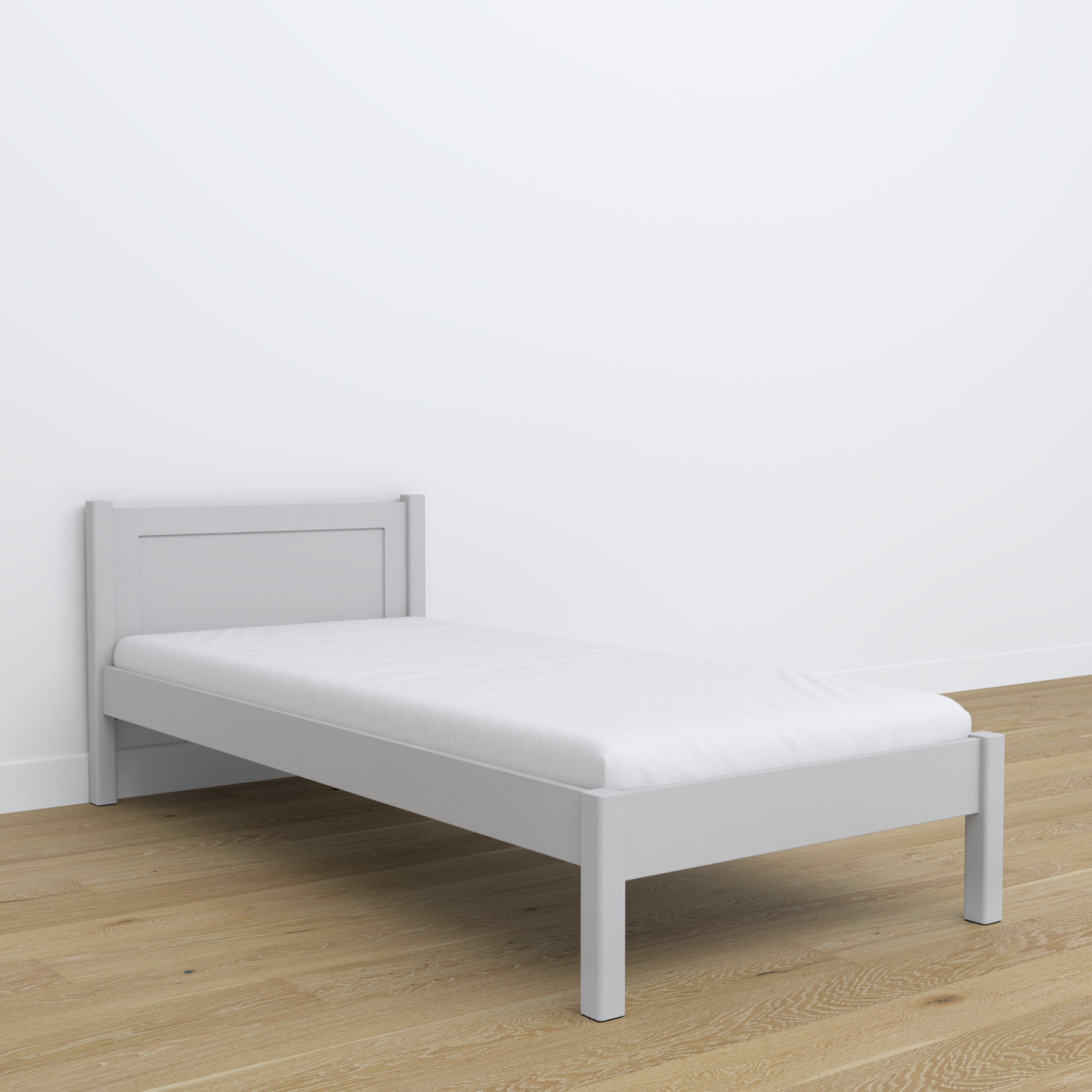 Lit simple en bois gris – détails des assemblages et du bois, Nizio Home