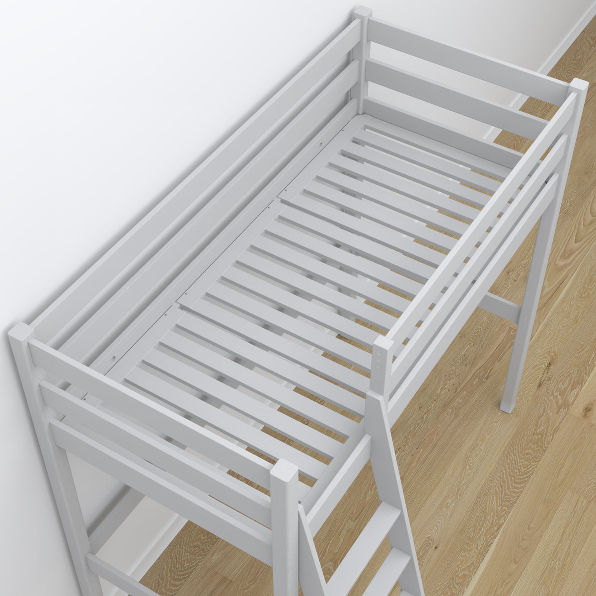 Hochbett mit Schreibtisch aus Holz grau – Details der Verbindungen und Leiter