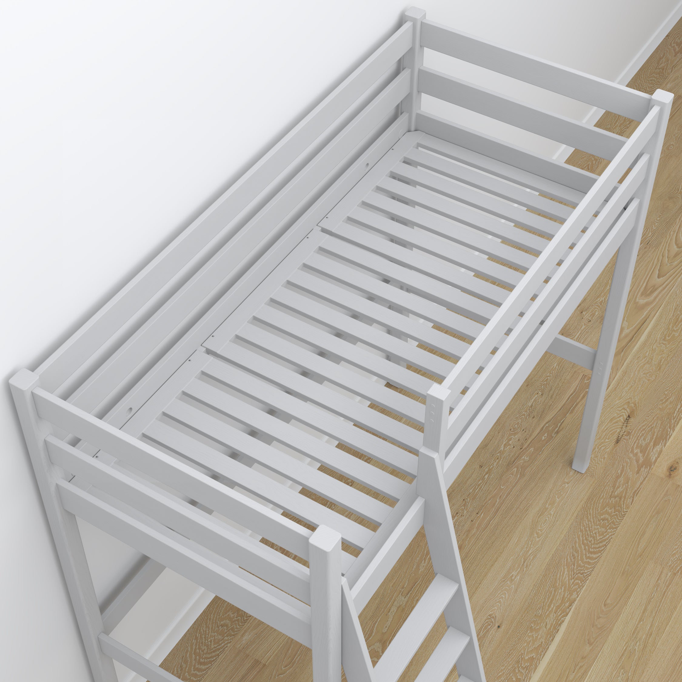 Hochbett mit Schreibtisch aus Holz grau – Details der Verbindungen und Leiter