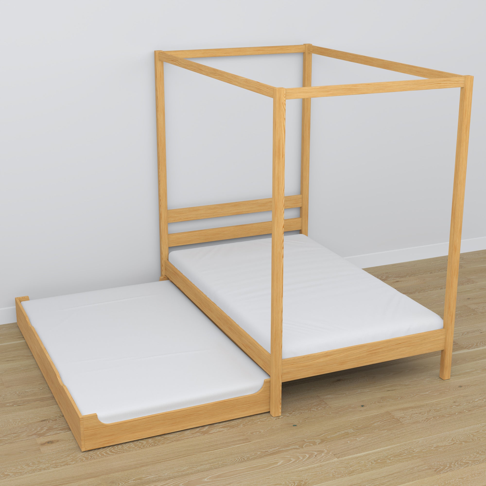 Wooden natural pine canopy bed – extended drawer, guest sleeping space