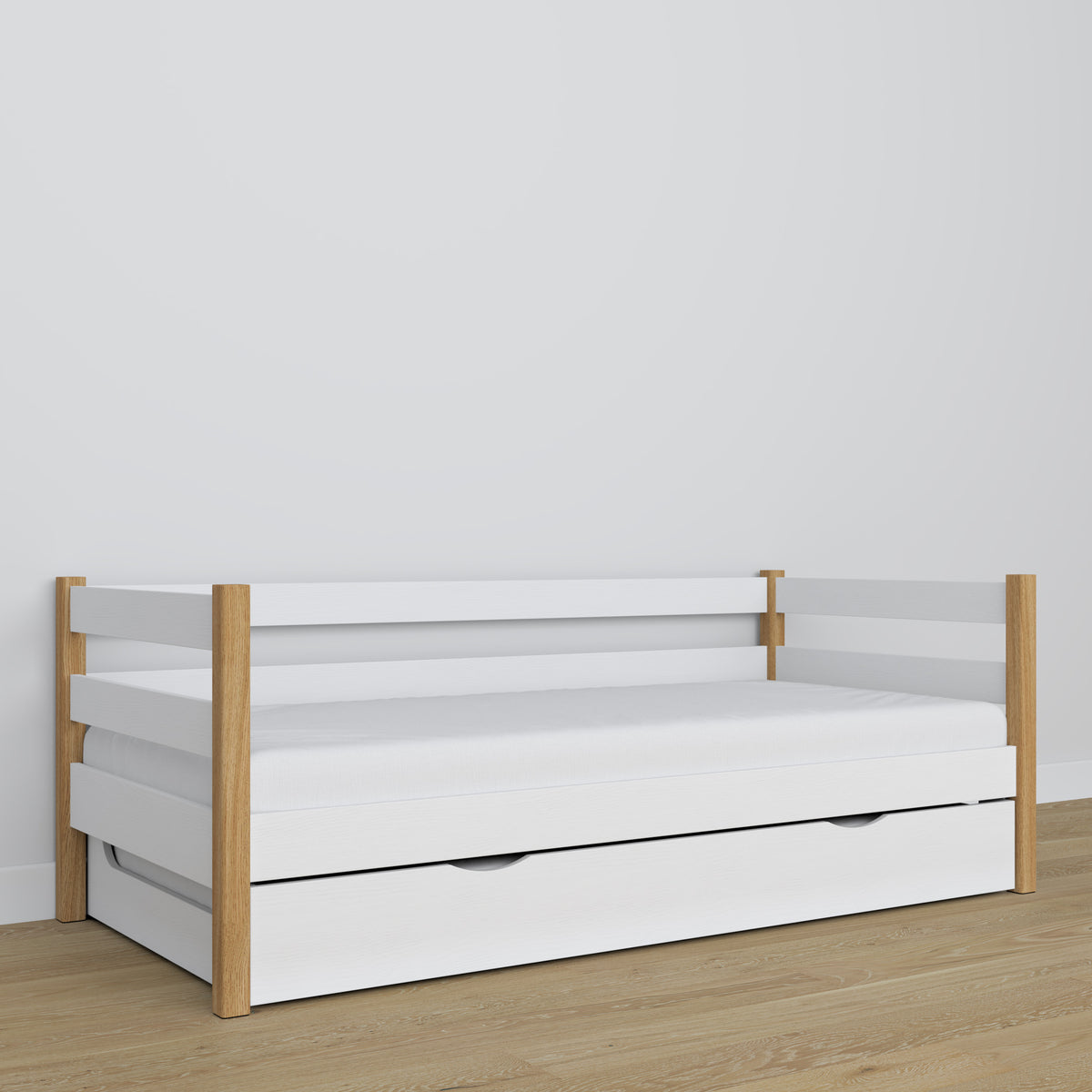Sofa-Bett weiß-Eiche – Holzdetails, hohe Qualität Nizio