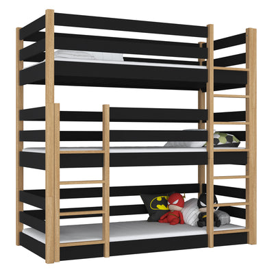Lit superposé 3 niveaux en bois noir avec chêne – trois couchages, chambre d'enfant scandinave