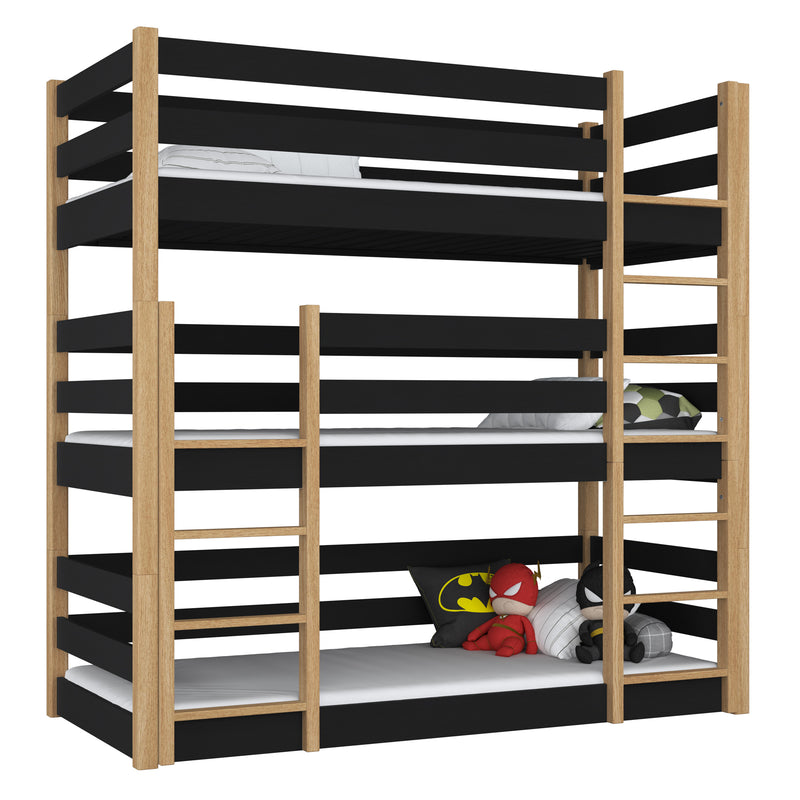 Lit superposé 3 niveaux en bois noir avec chêne – trois couchages, chambre d'enfant scandinave