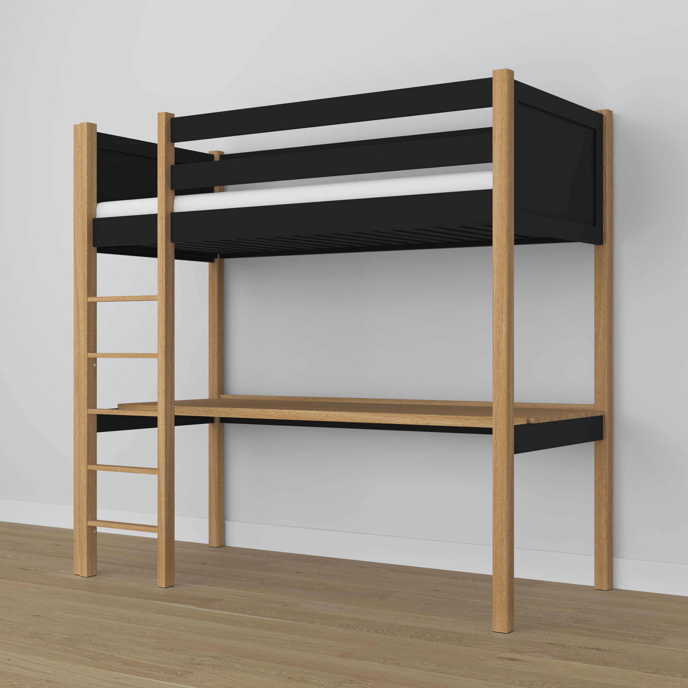 Black and Oak Wooden Loft Bed with Desk – Ladder and Safety Rail
