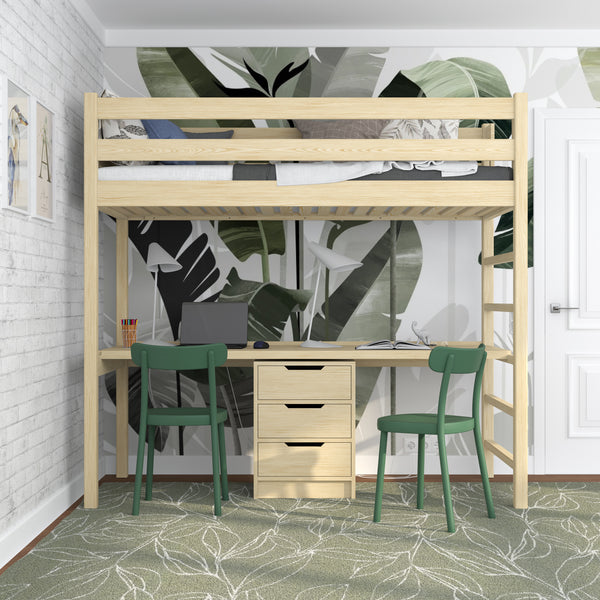 Loft bed clear pine with desk – study space under the sleeping area, wooden