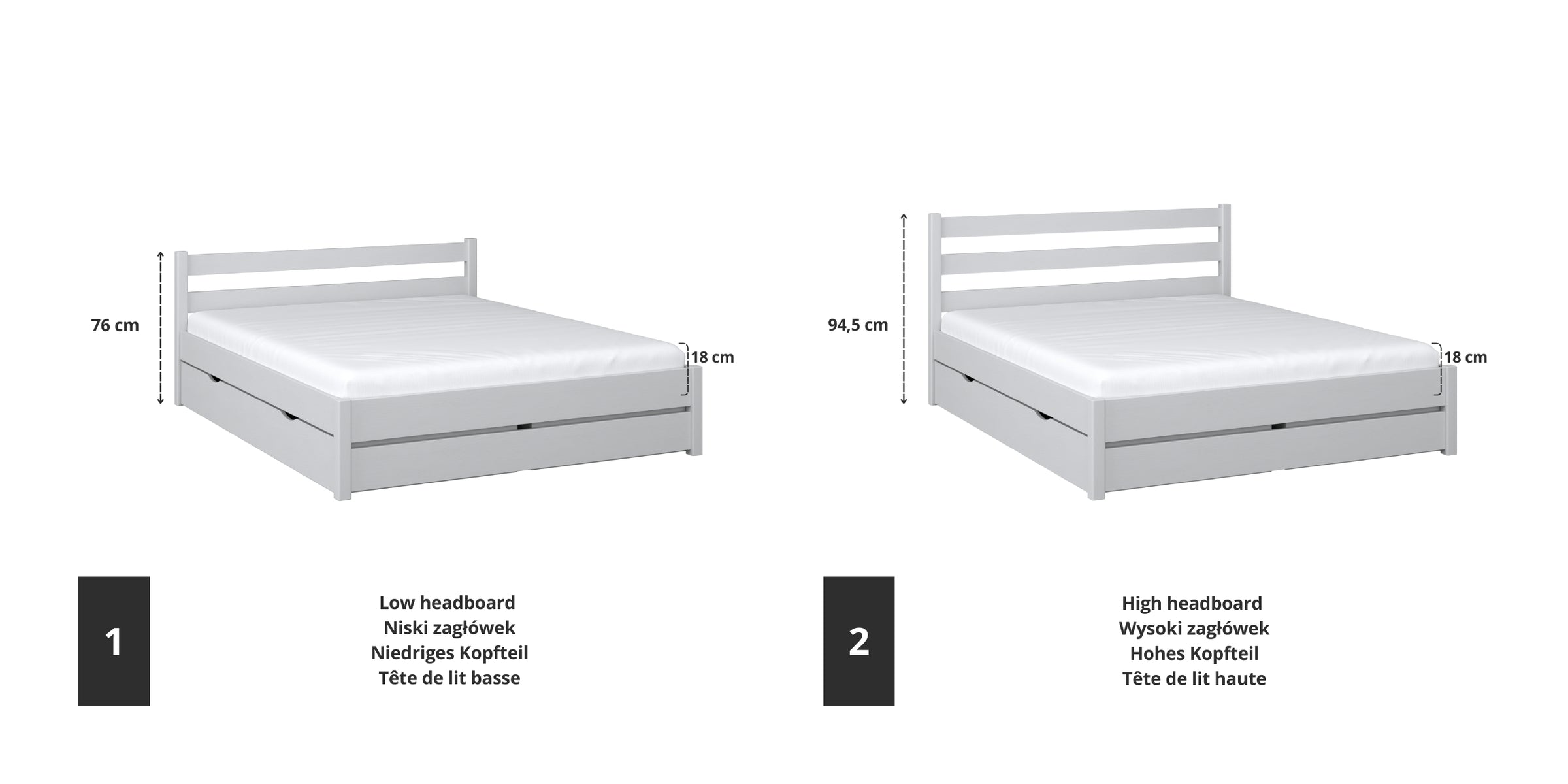 Doppelbett Holz Grau – Verbindungs- und Schubladendetails, Nizio