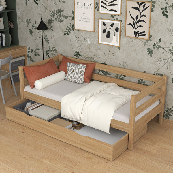 Łóżko sofa dąb naturalny z szufladą – pojemny schowek, dębowe, Nizio
