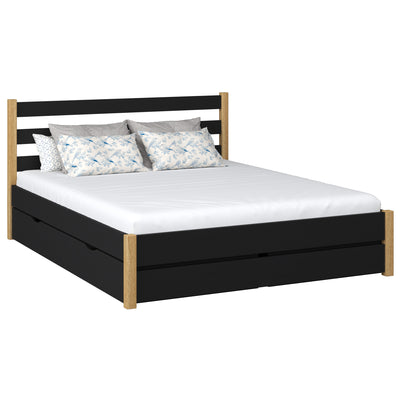 Holz-Doppelbett mit Schublade N01 Schwarz / Eiche natur – Gesamtansicht, Massivholz