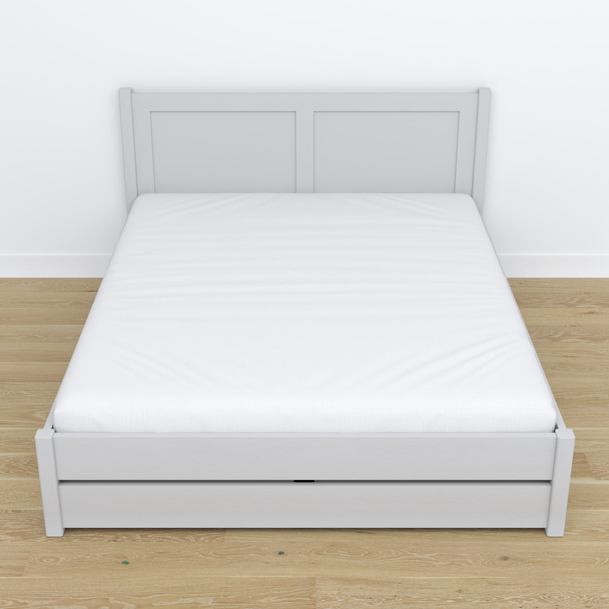 Doppelbett mit Schublade aus Holz grau – Schrägansicht, Scandi-Schlafzimmer