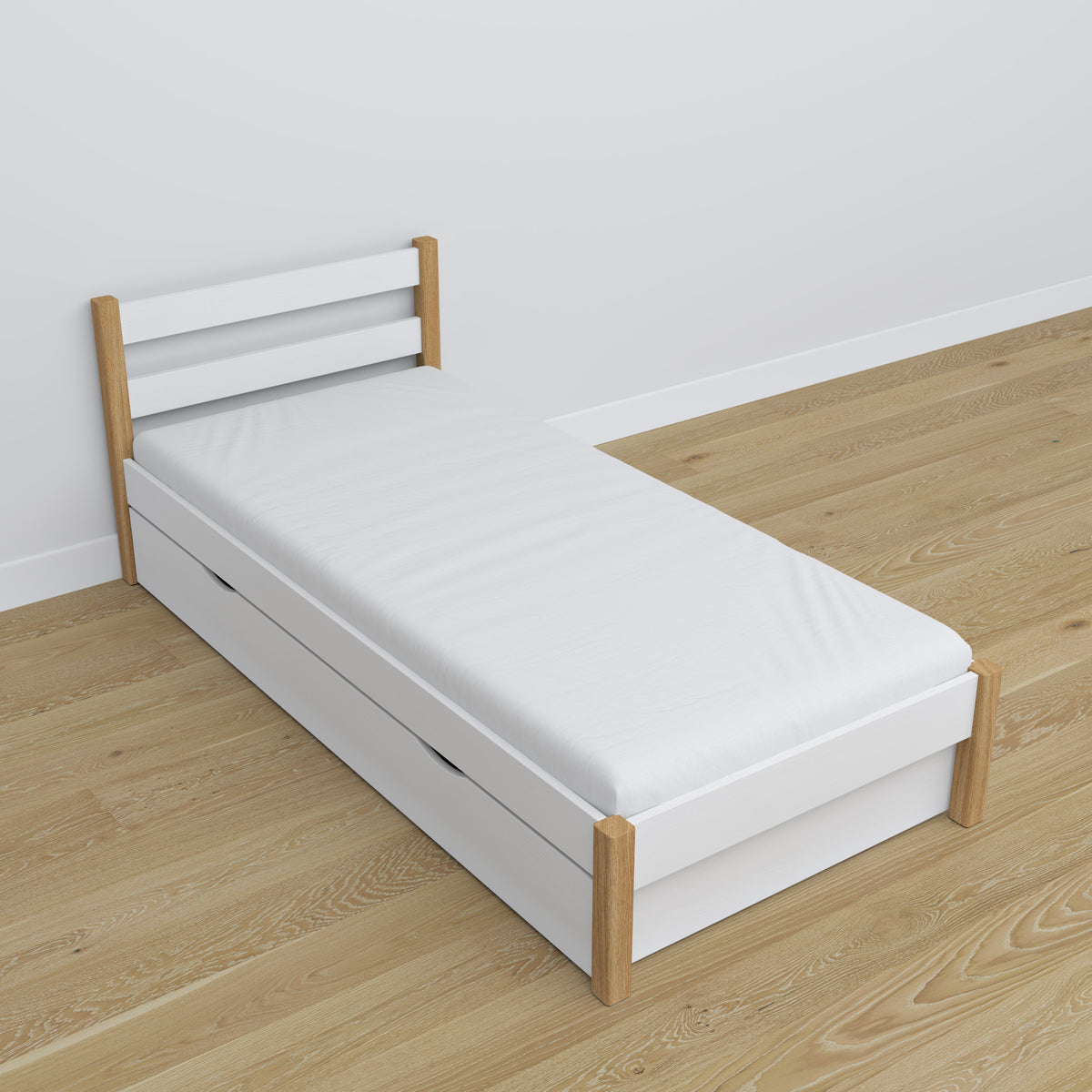 Bett mit Schublade aus Holz Weiß-Eiche – Maße und Schema, Nizio Home