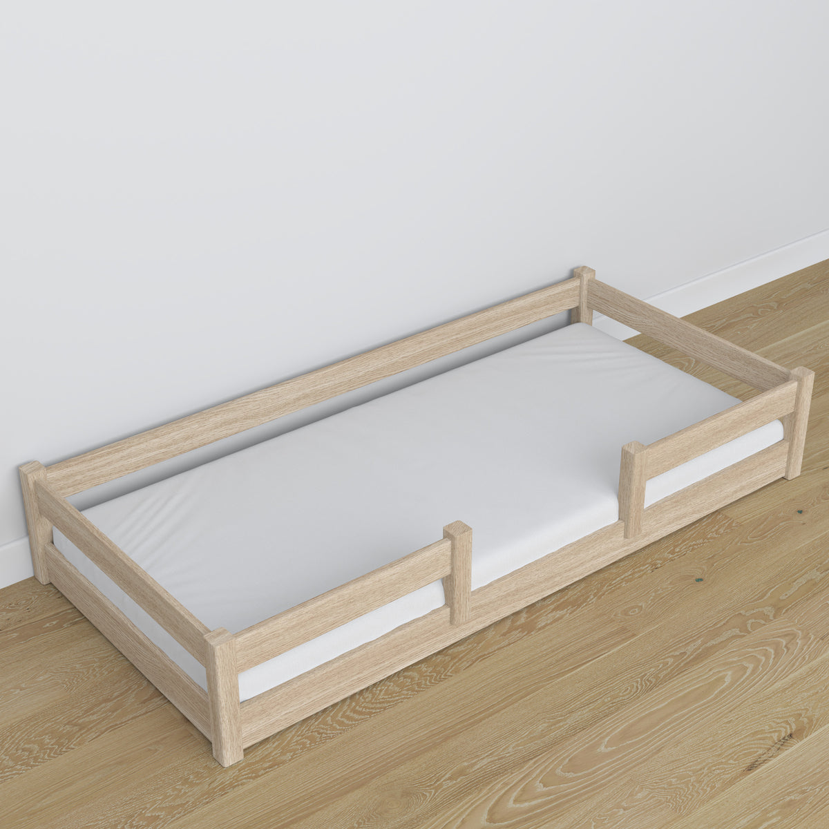 Niedriges Bett gebleichte Eiche aus Eichenholz – Maße und Schema, Nizio
