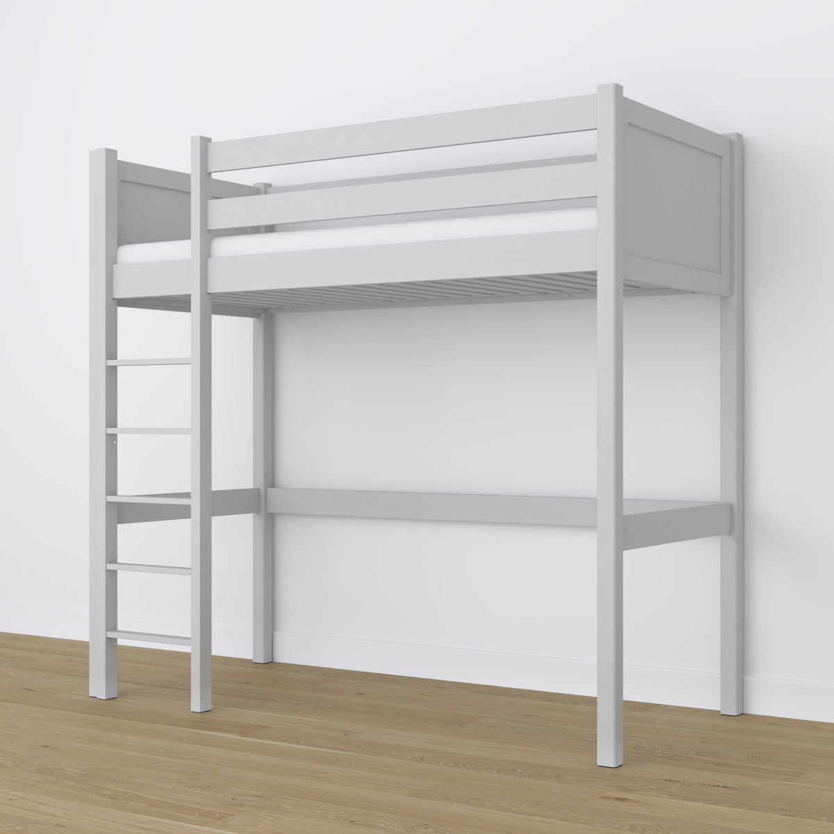 Hochbett aus Holz grau – freier Raum unter dem Schlafbereich, Nizio