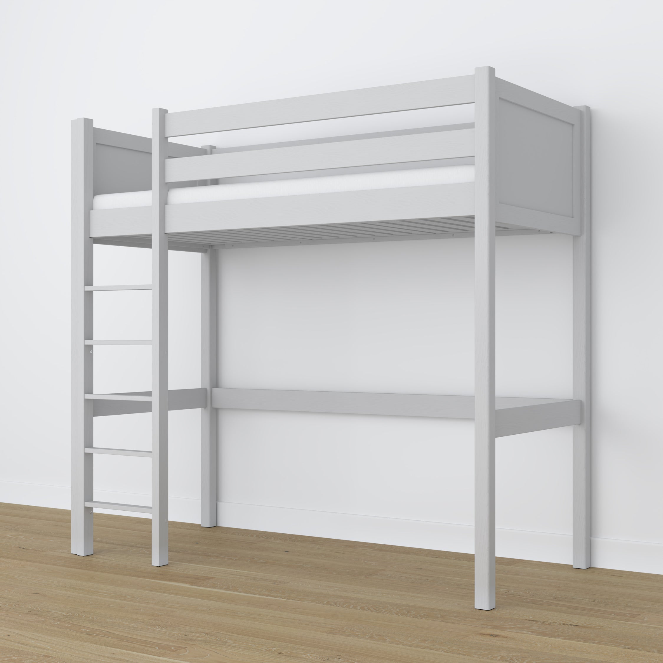 Hochbett aus Holz grau – freier Raum unter dem Schlafbereich, Nizio