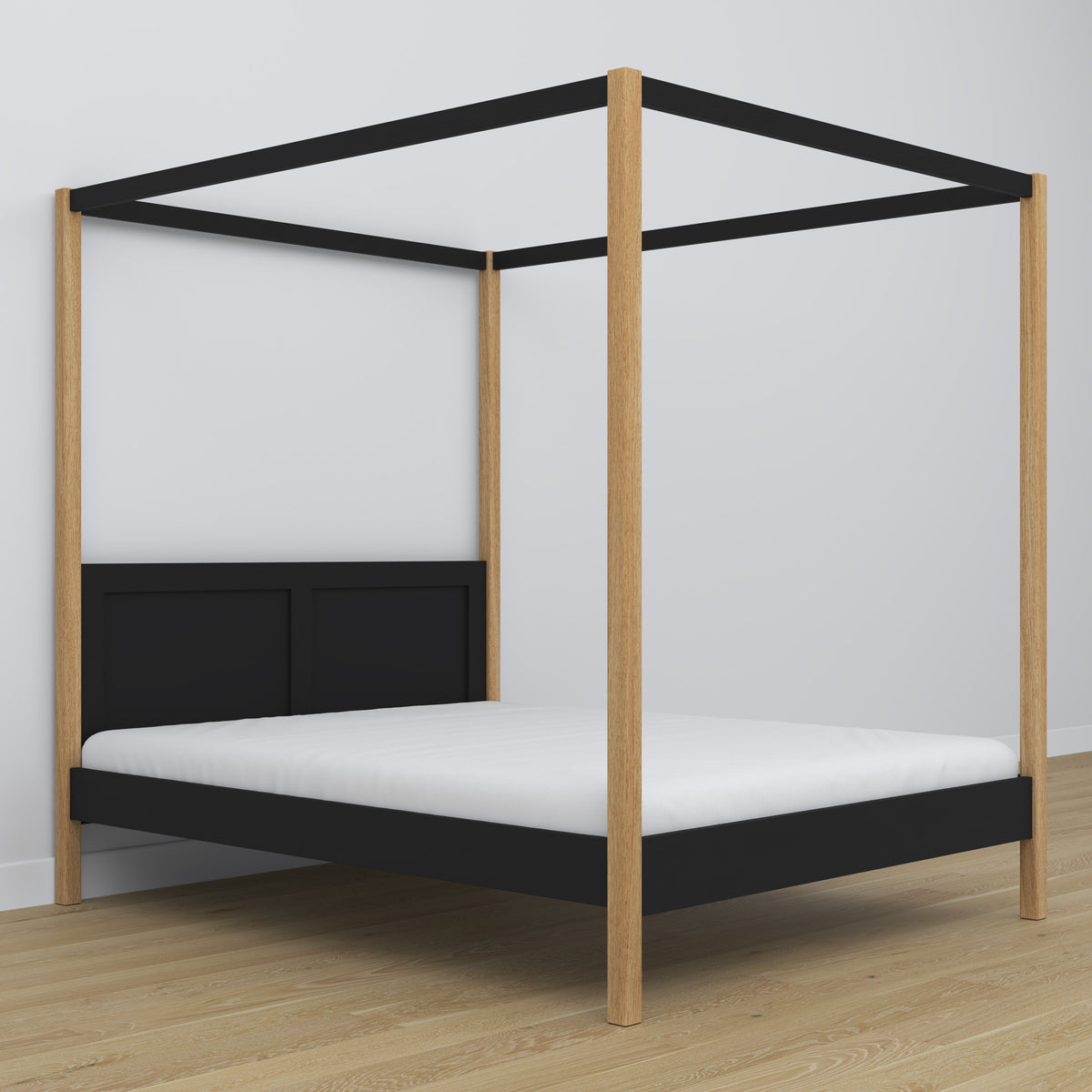 Doppelbett Schwarz-Eiche mit Baldachin – dekorativer Rahmen aus Holz, scandi