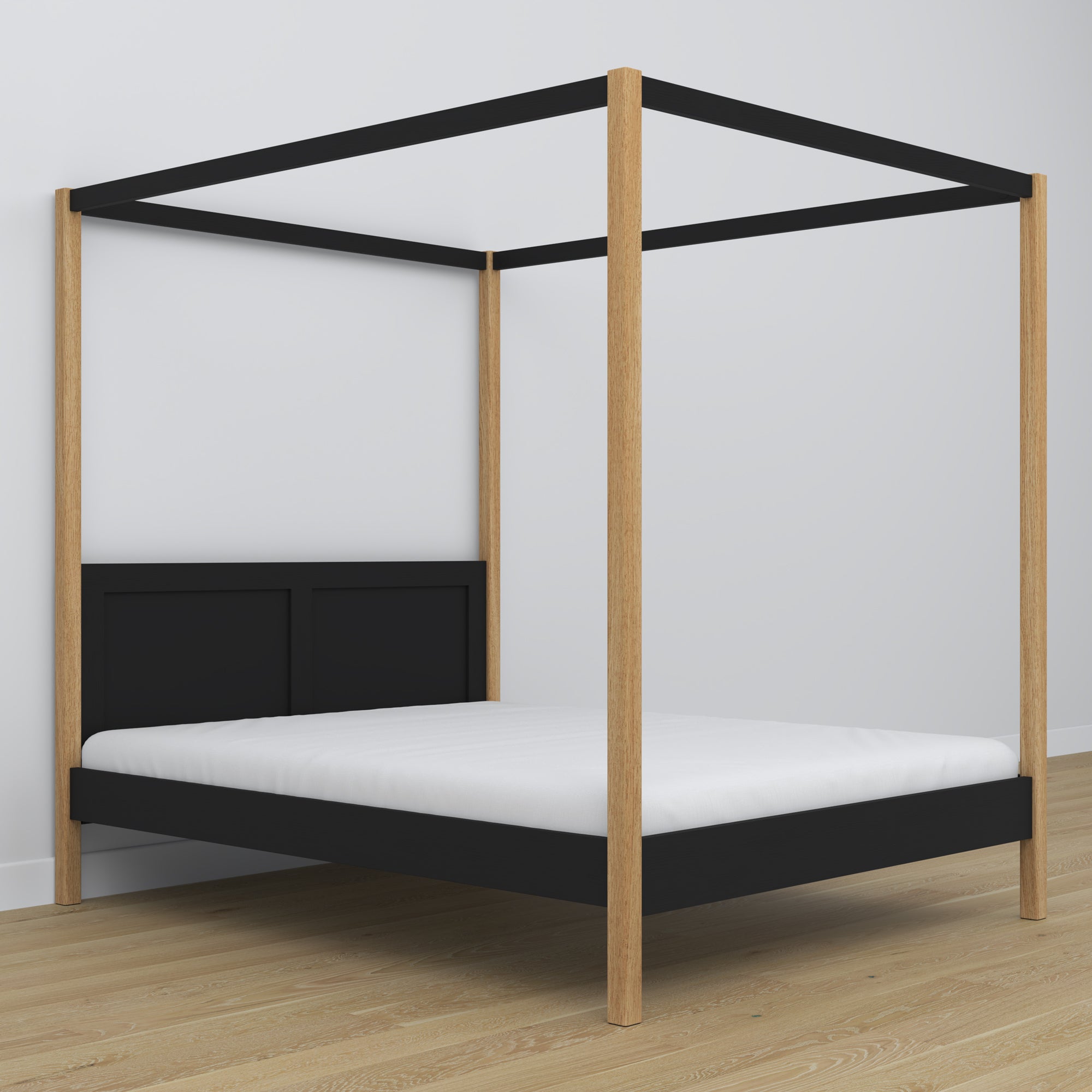 Doppelbett Schwarz-Eiche mit Baldachin – dekorativer Rahmen aus Holz, scandi