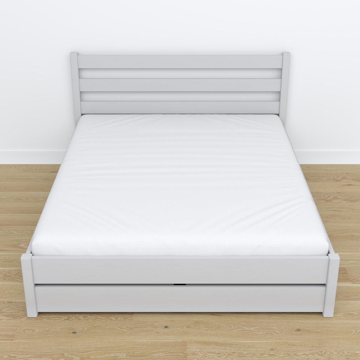 Doppelbett mit Schublade aus Holz grau – Schrägansicht, Scandi-Schlafzimmer