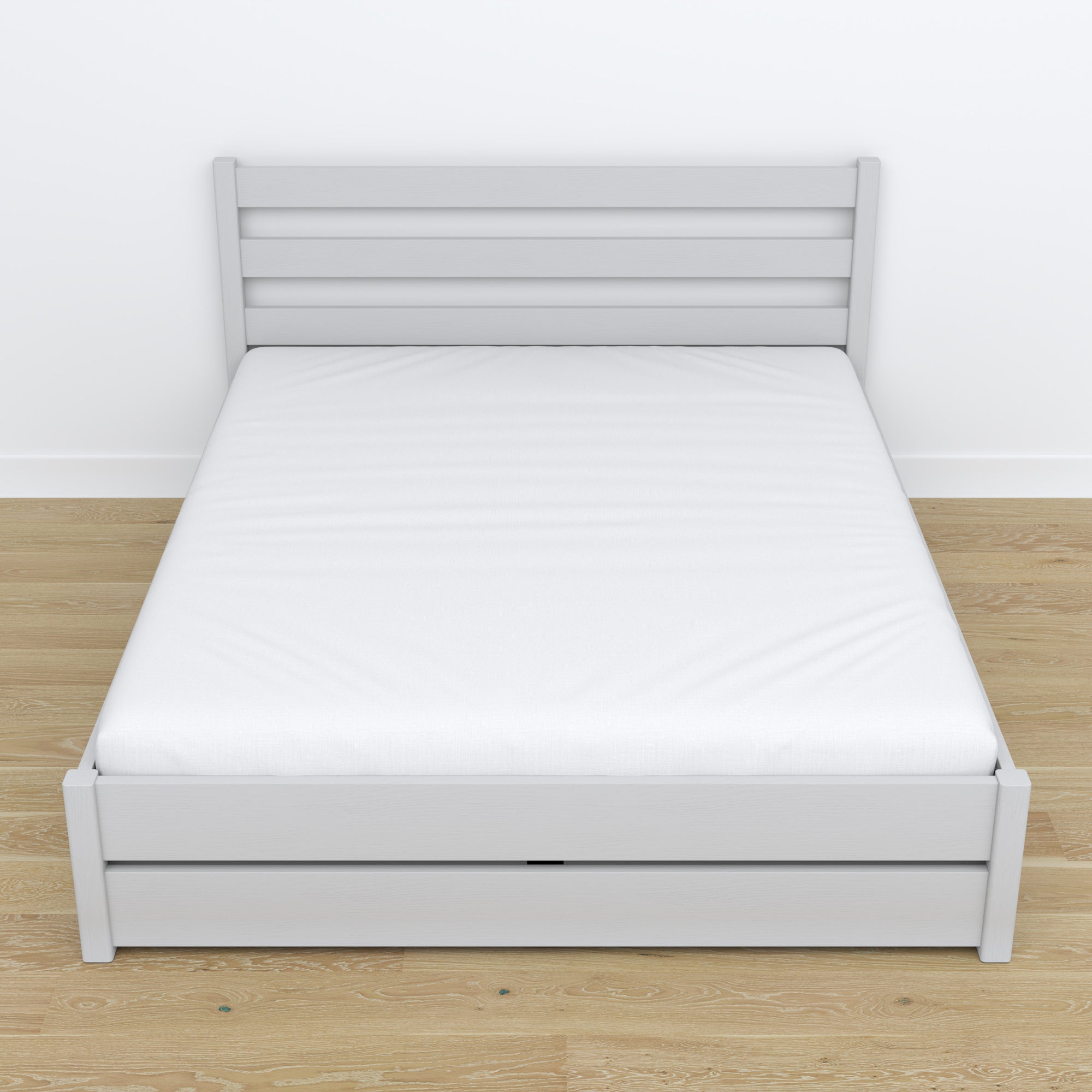 Doppelbett mit Schublade aus Holz grau – Schrägansicht, Scandi-Schlafzimmer