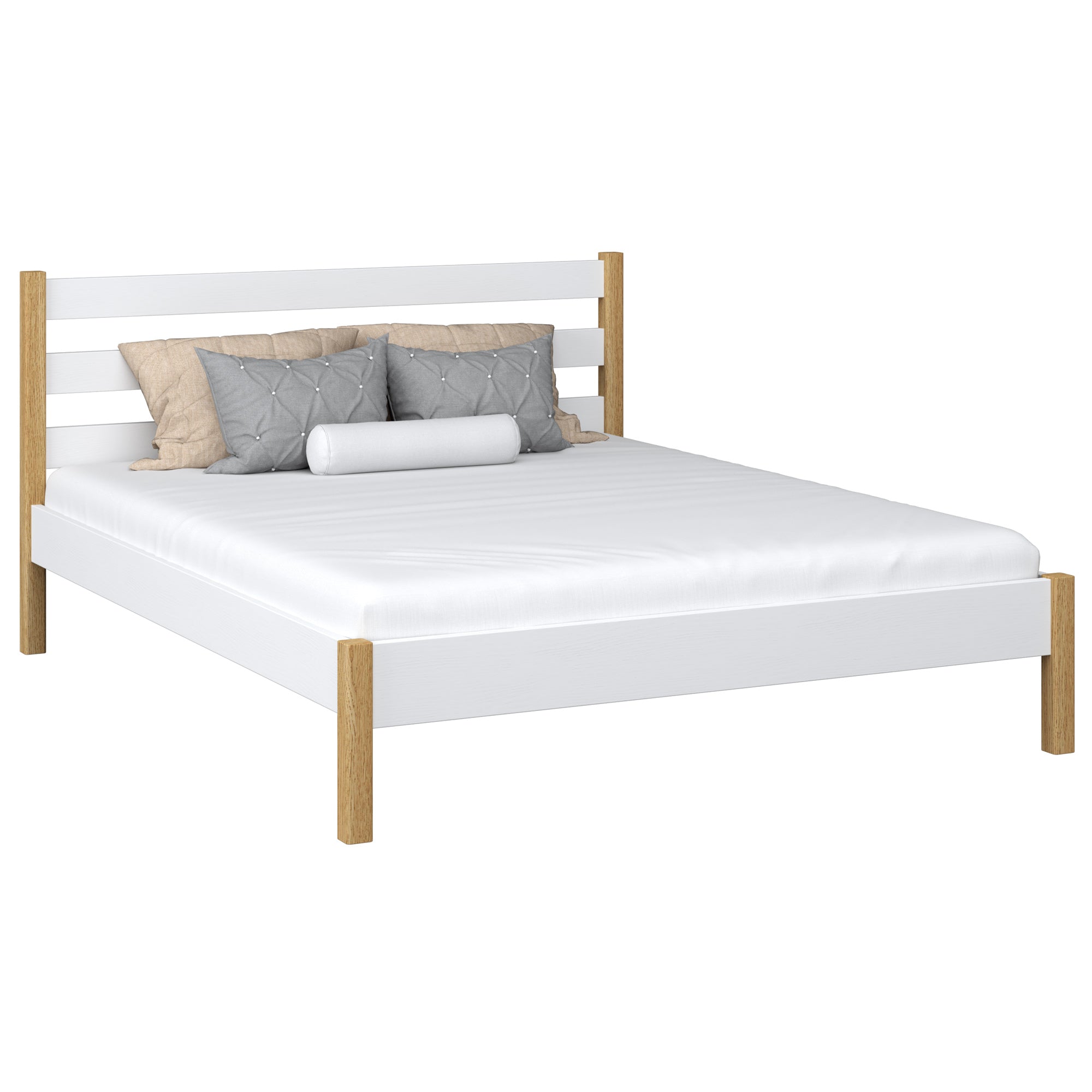 Holz-Doppelbett N01 Weiß-Eiche – Gesamtansicht, Massivholz