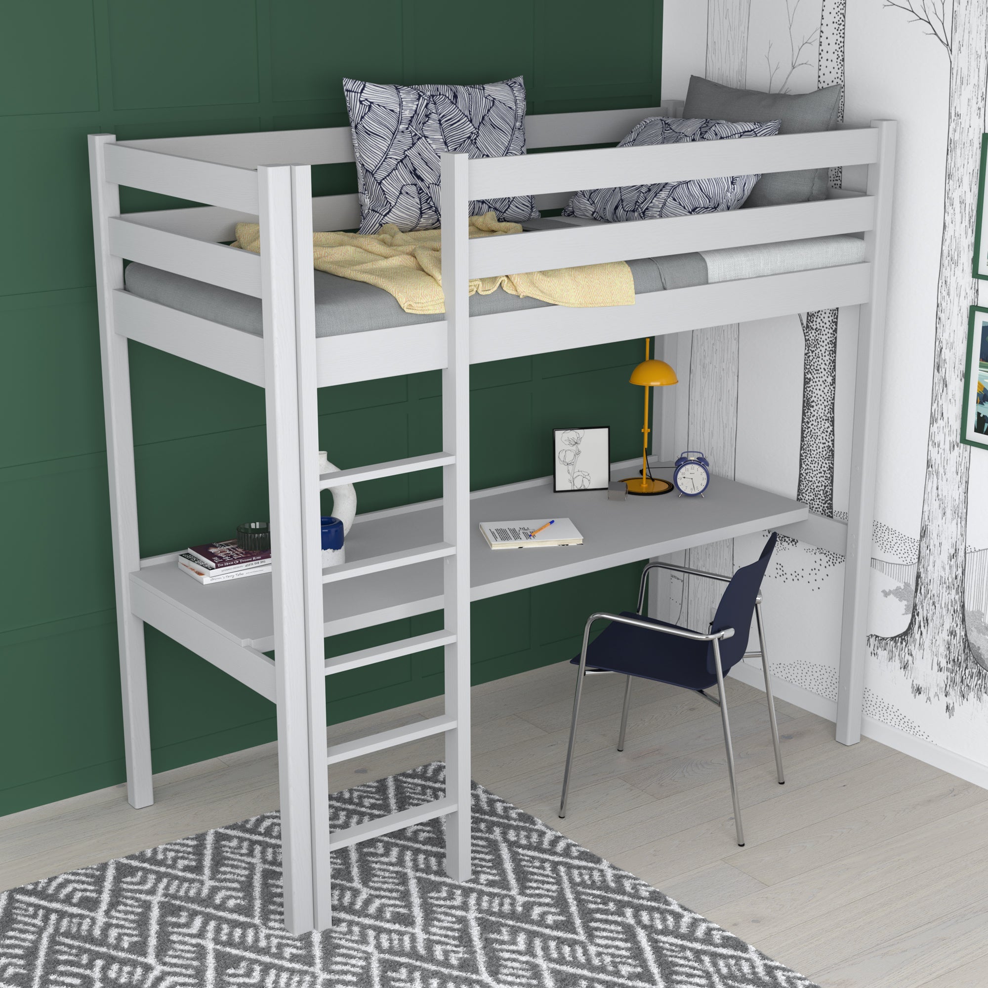 Loft bed grey – wooden desk under the sleeping area, scandi children’s room