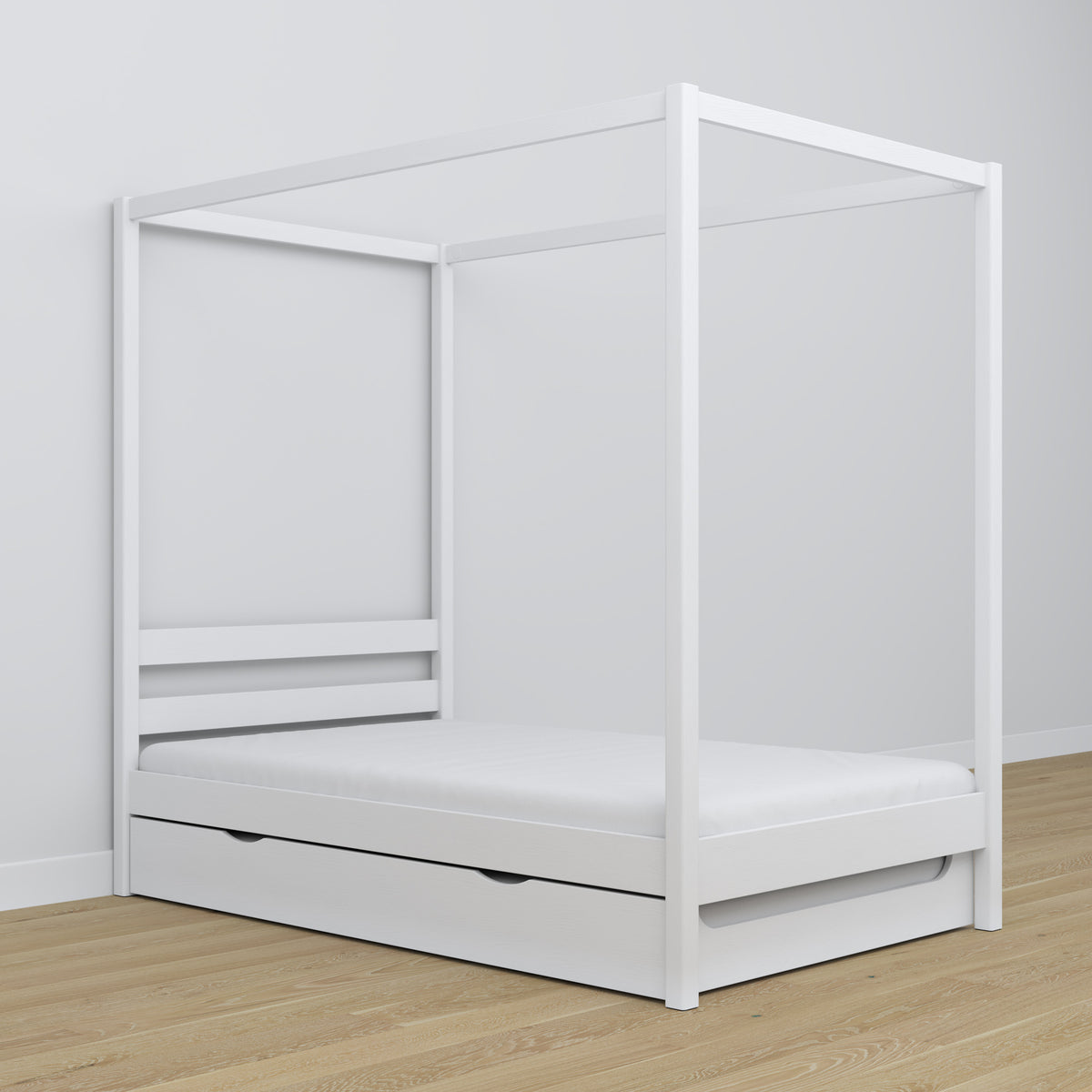 Lit à baldaquin en bois blanc – décoration de chambre d'enfant scandinave