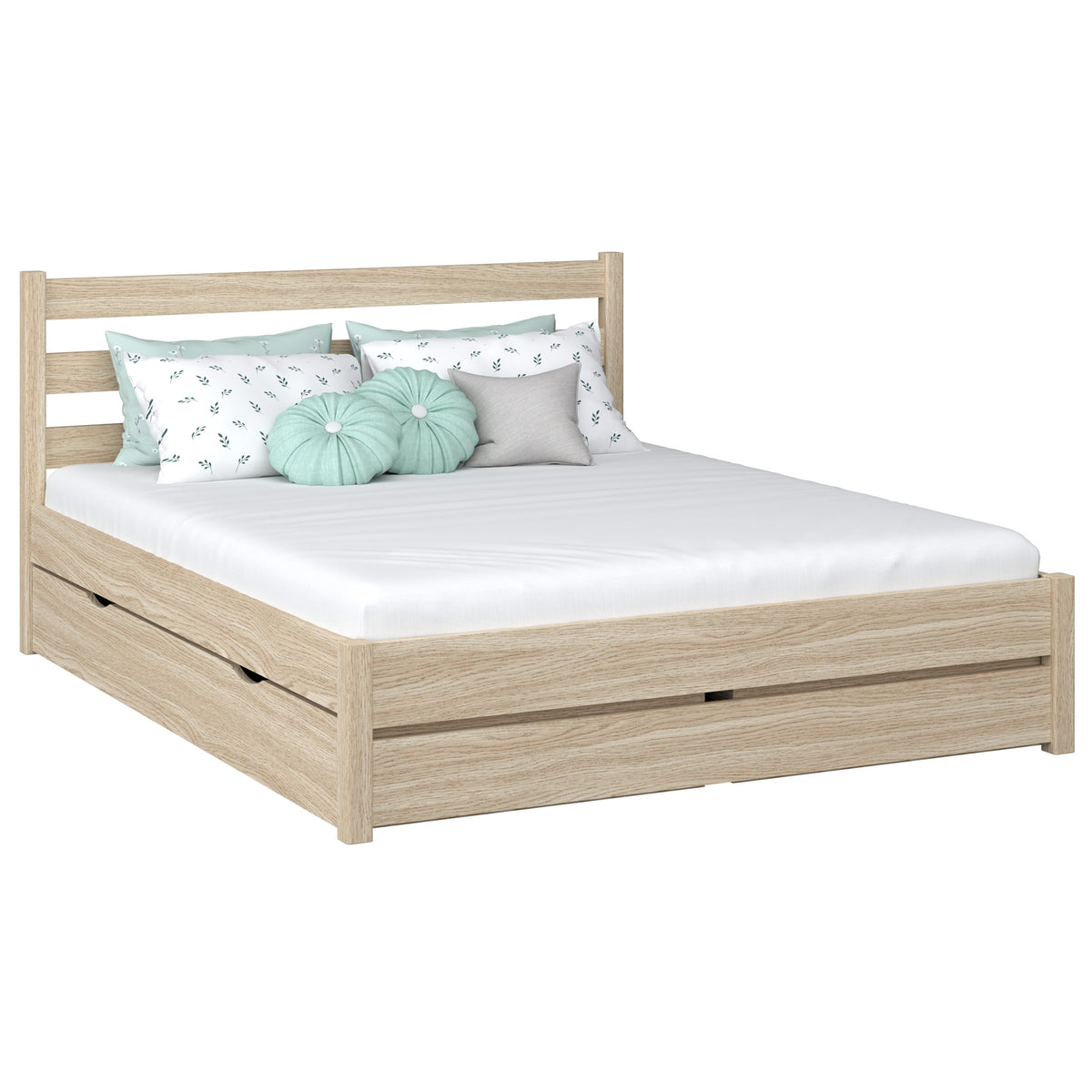 Eichenholz-Doppelbett mit Schublade N01 Eiche gebleicht – Gesamtansicht, massives Eichenholz