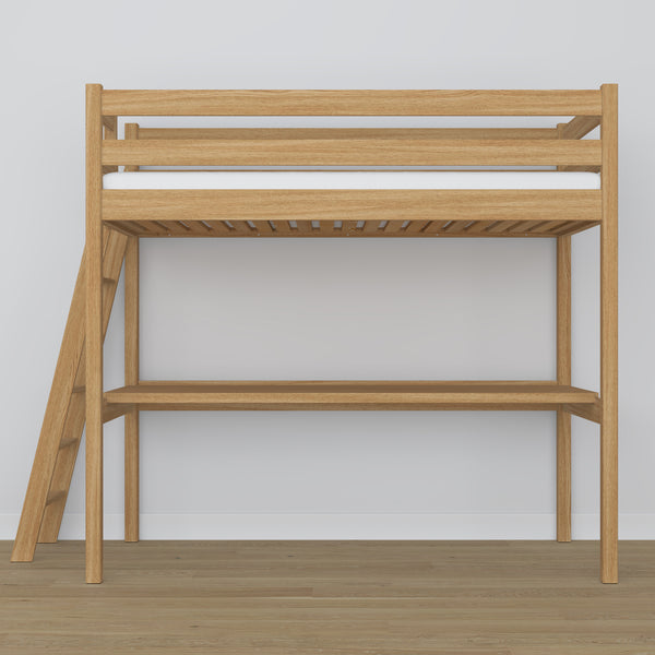 Loft bed natural oak with desk – study space under the sleeping area, oak