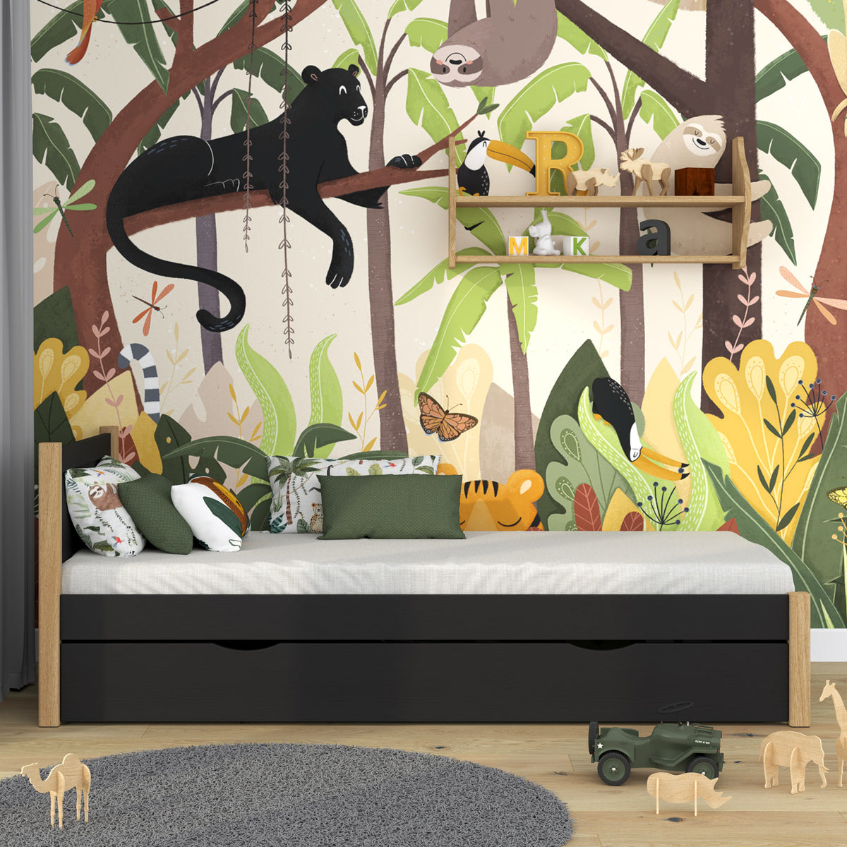 Bett schwarz-eiche mit Schublade – Seitenansicht, aus Holz, Nizio Home