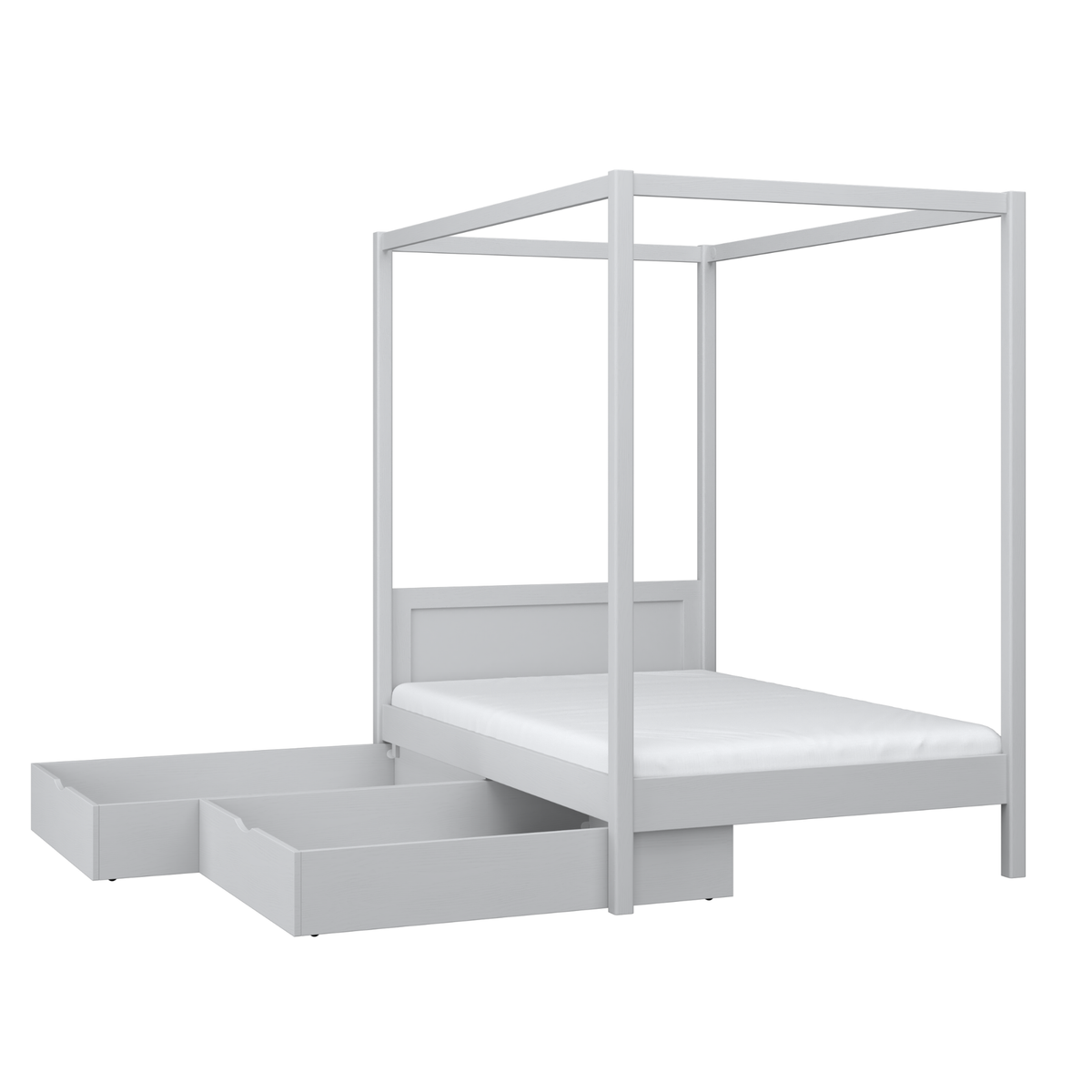 Bed grey with canopy and drawer – side view, wooden