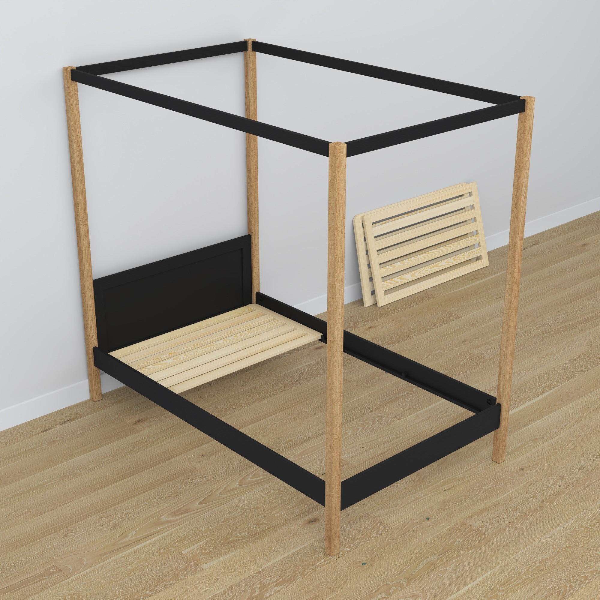 Black and Oak Canopy Bed – Wooden Details and Joints, Nizio Home