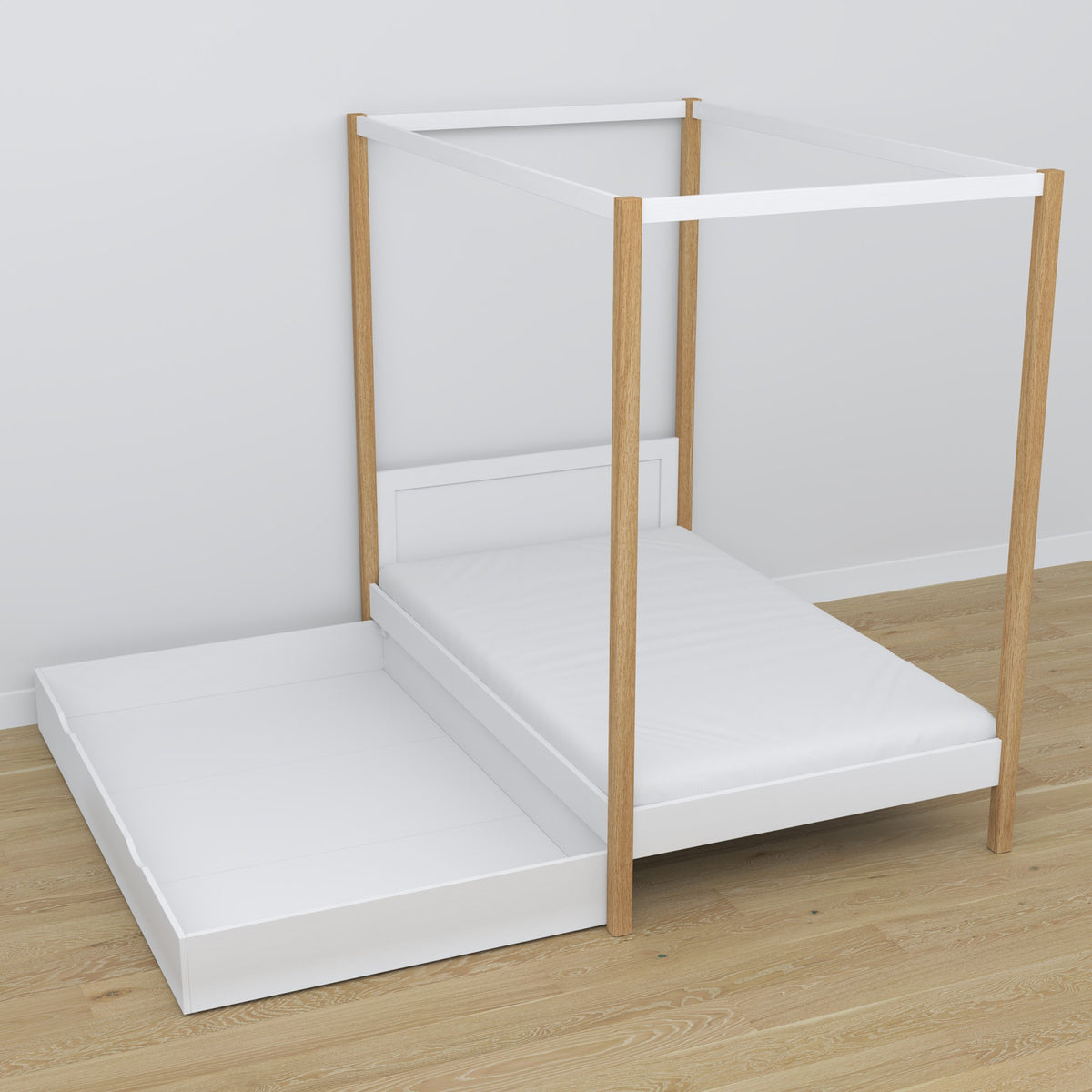 Wooden canopy bed white-oak – decorative frame, child’s room