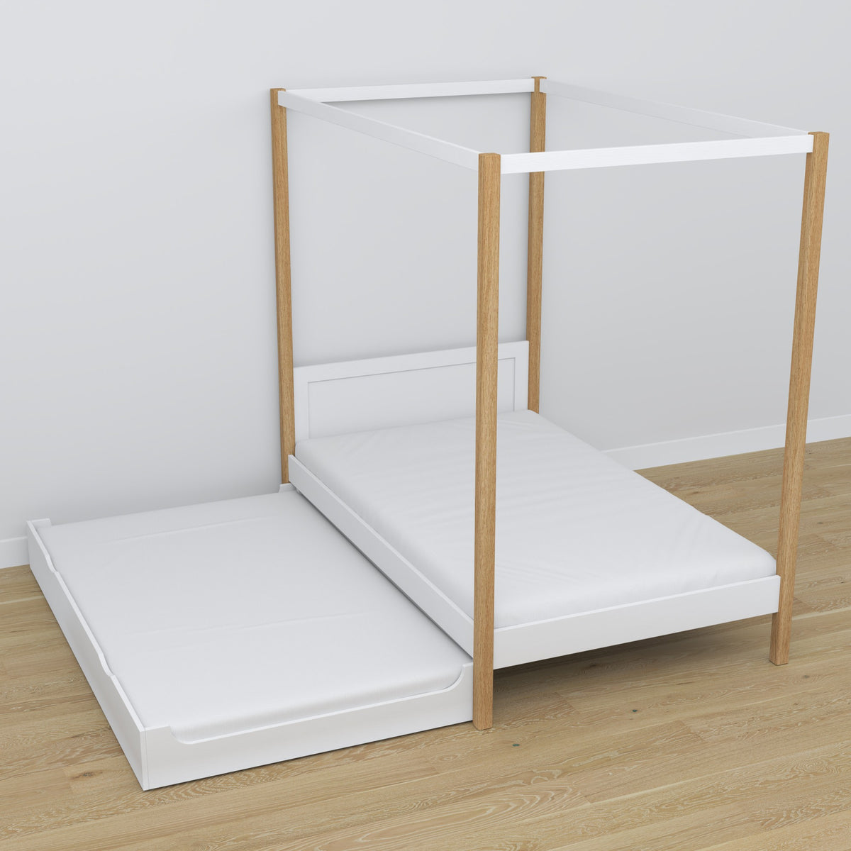 Wooden canopy bed white-oak – extended drawer, guest sleeping space