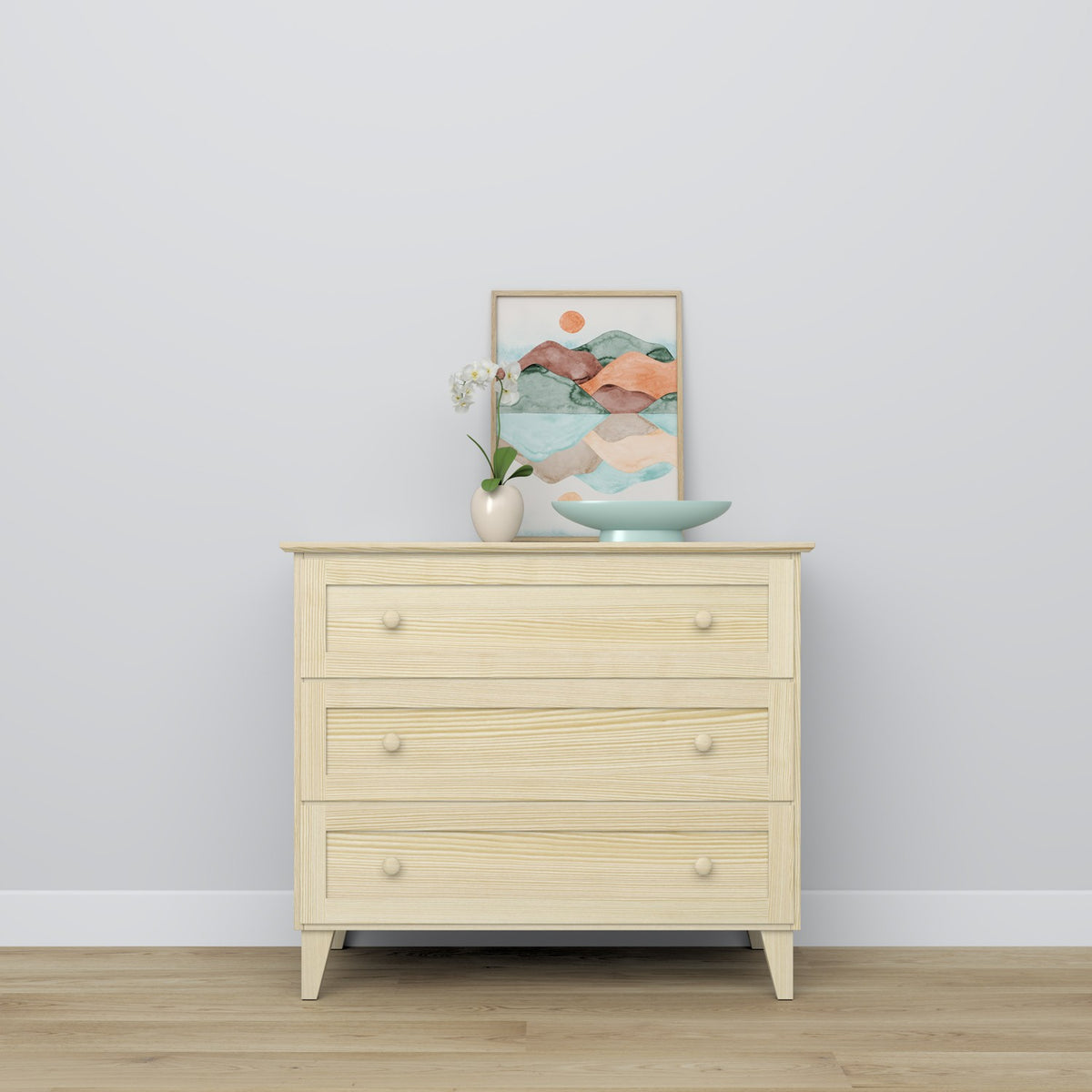 Commode 3S pin incolore – poignée et face du tiroir, gros plan na en pin