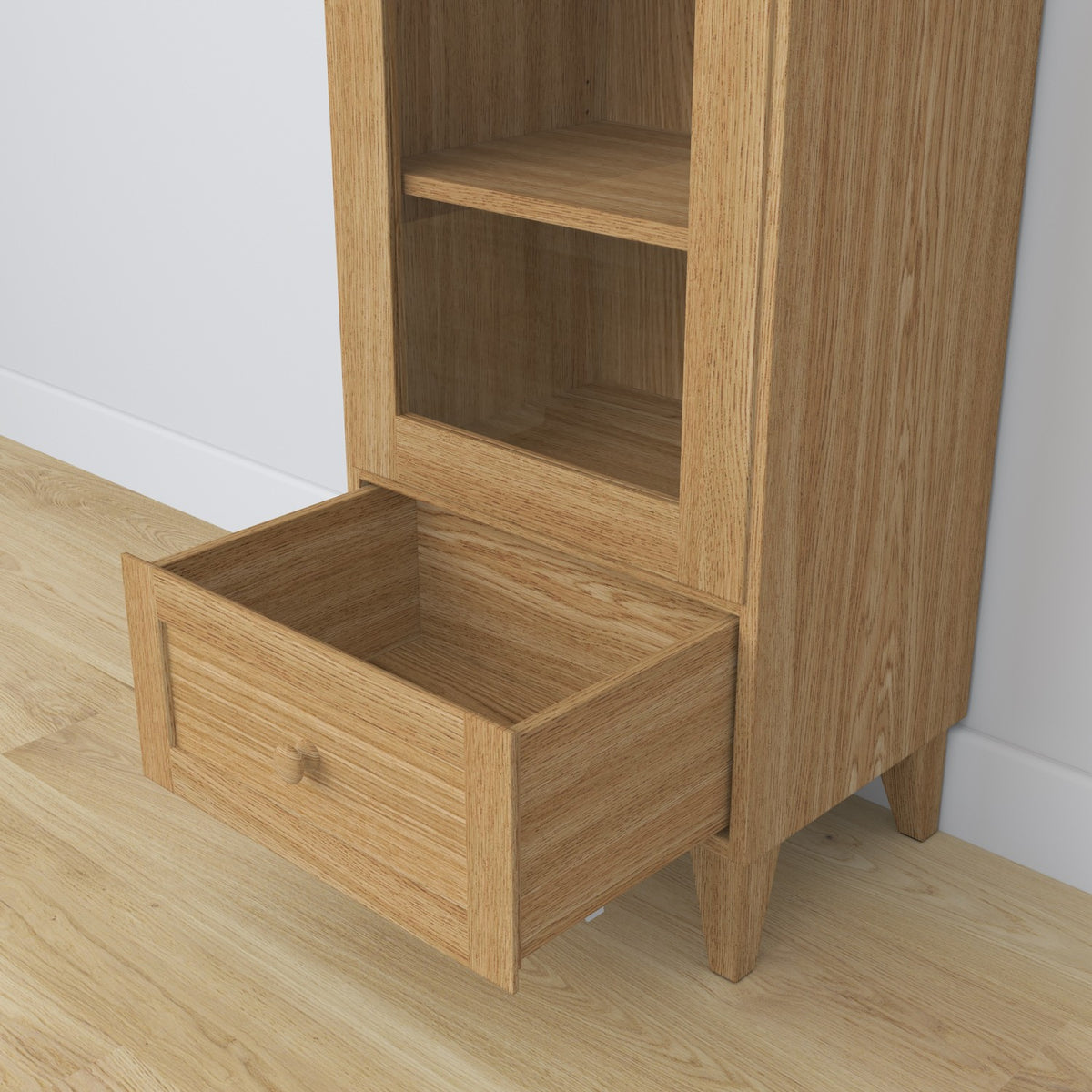 Vitrine 1S 57 chêne naturel – charnières des portes vitrées, en chêne, gros plan