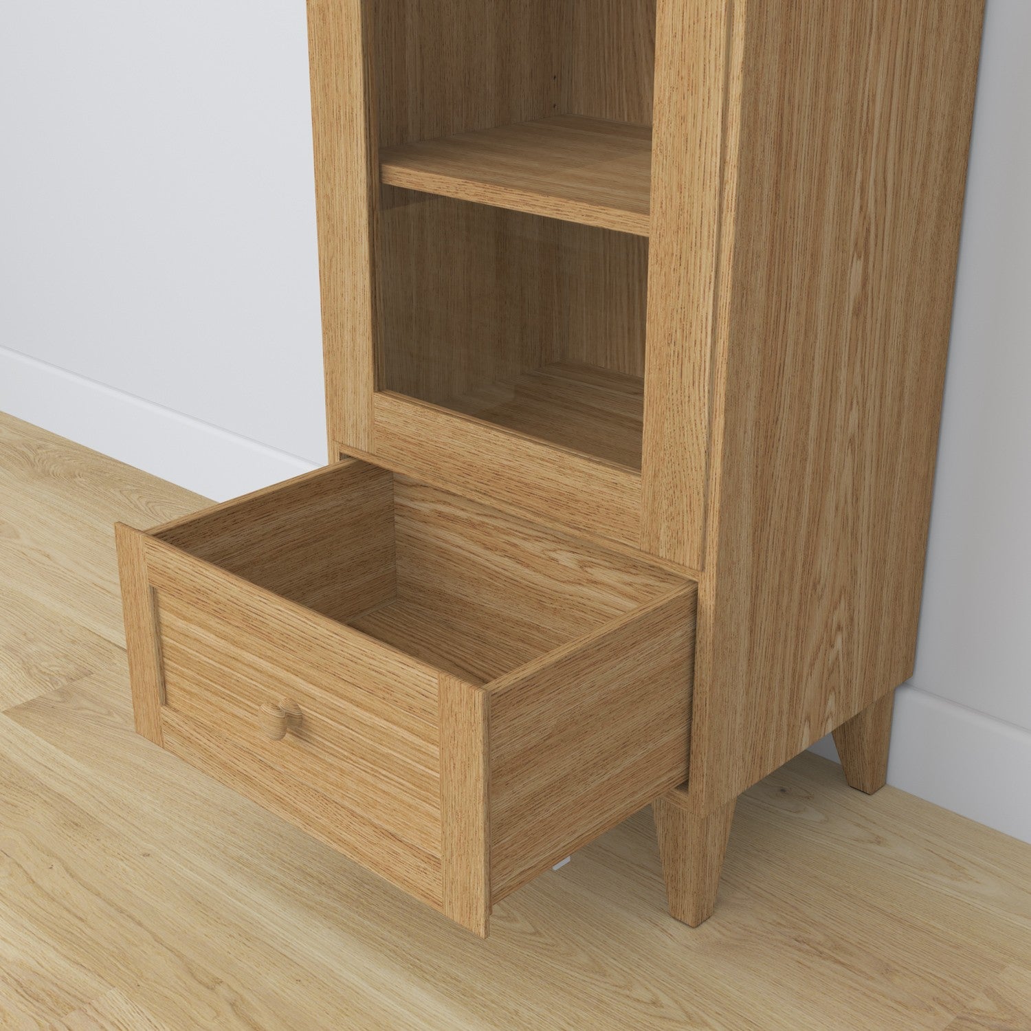 Vitrine 1S 57 chêne naturel – charnières des portes vitrées, en chêne, gros plan