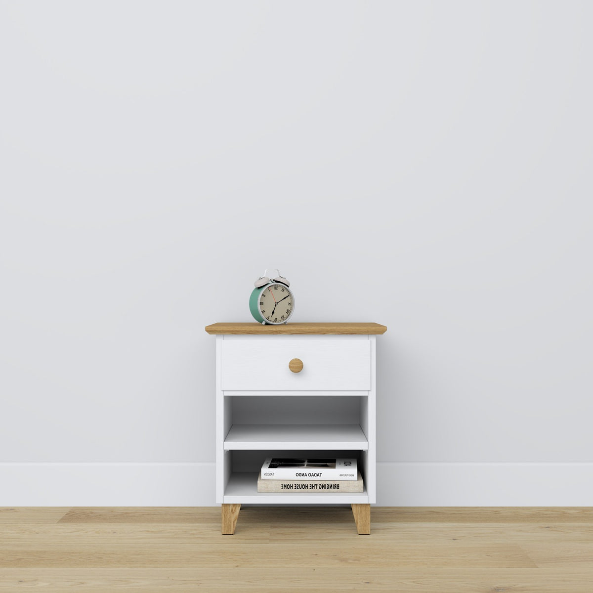 Bedside table with drawer N02 wooden white with oak – bedroom, Scandinavian style