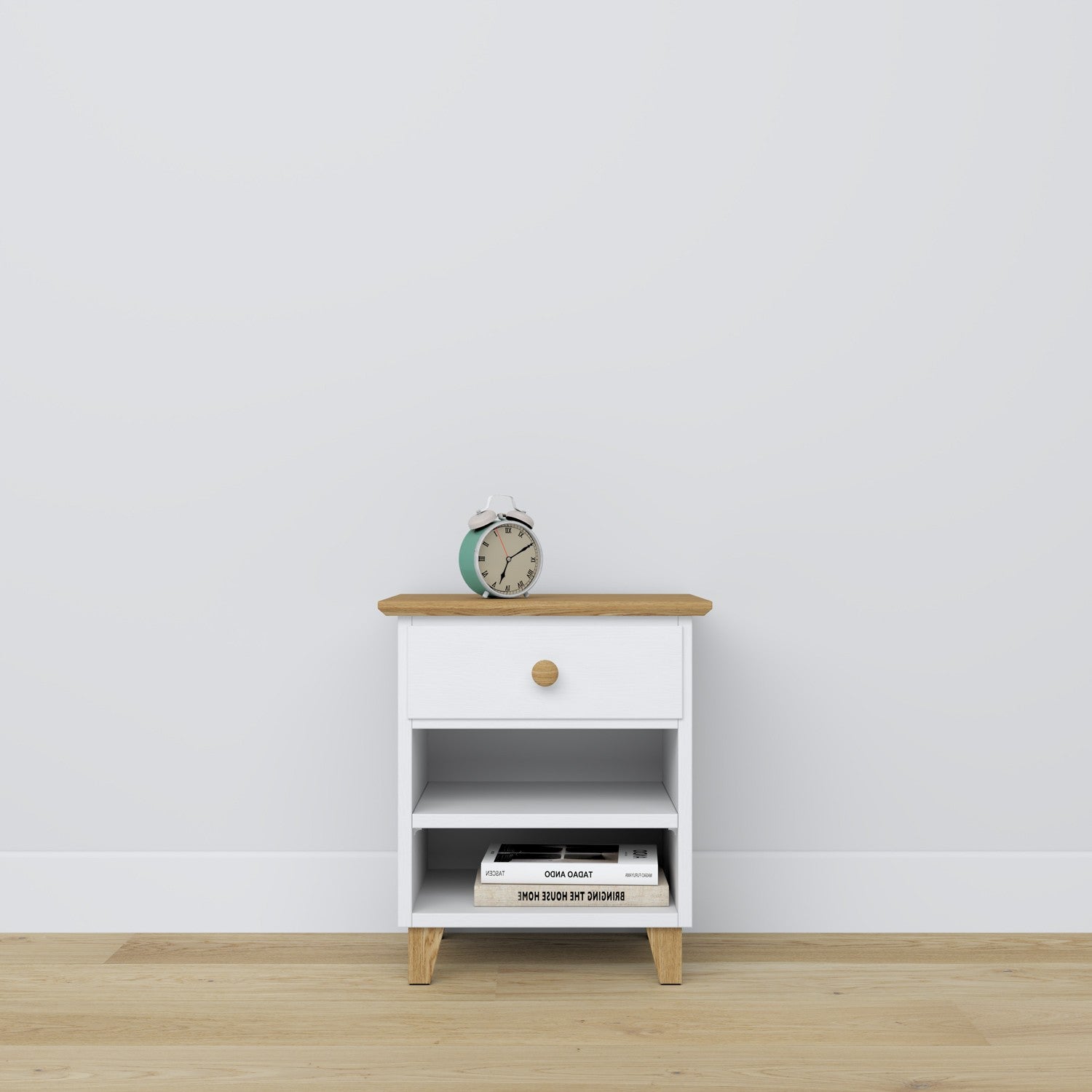 Bedside table with drawer N02 wooden white with oak – bedroom, Scandinavian style