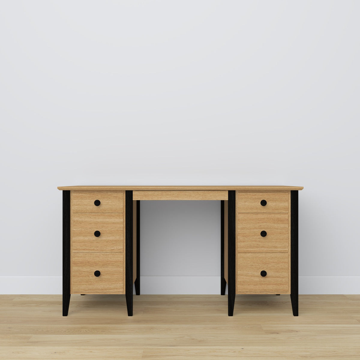 Bureau 6S chêne naturel avec noir en chêne – vue de côté, profondeur du plateau